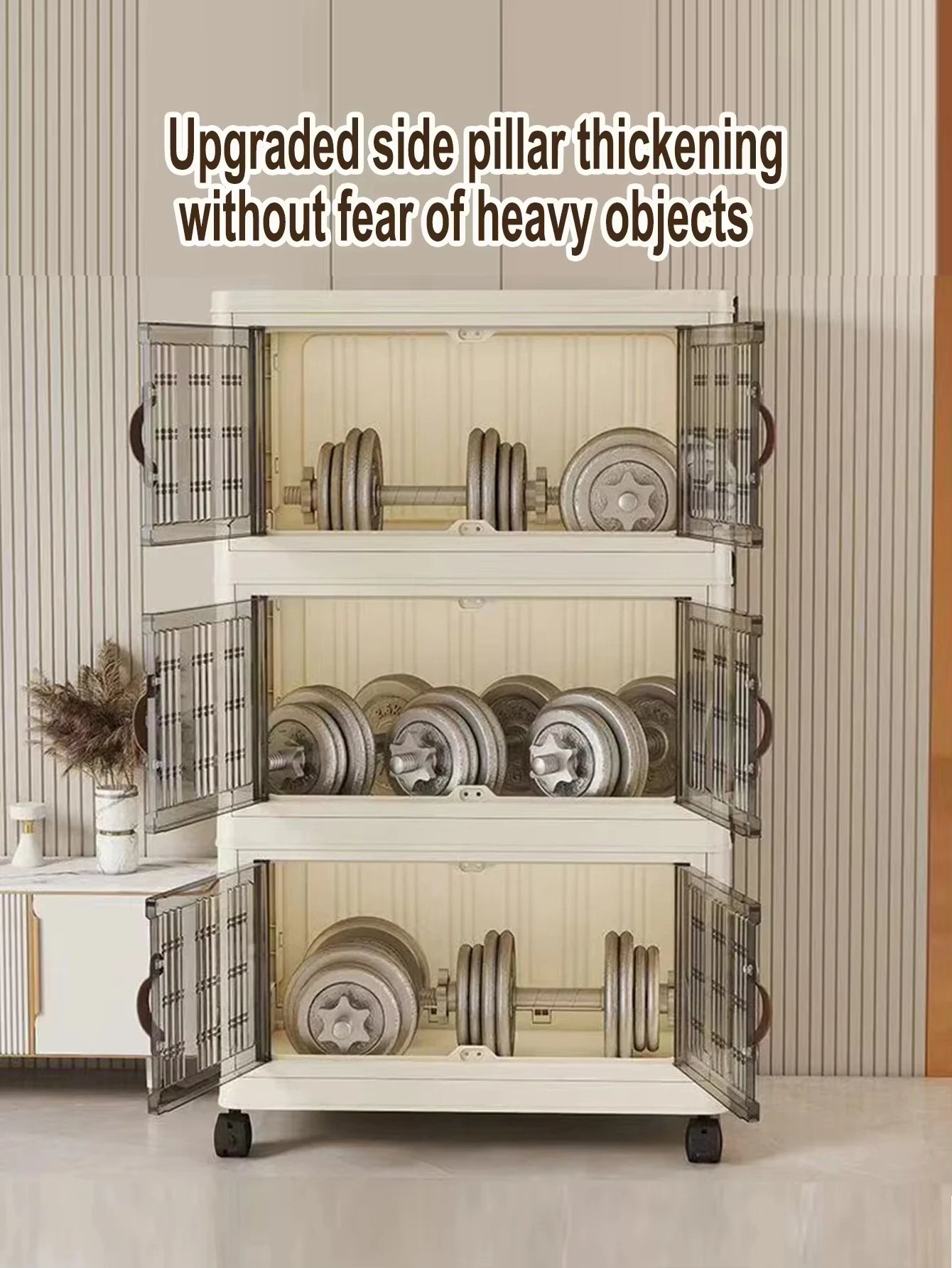 Stackable Plastic Storage Cabinet with Doors and Wheels for Bedroom