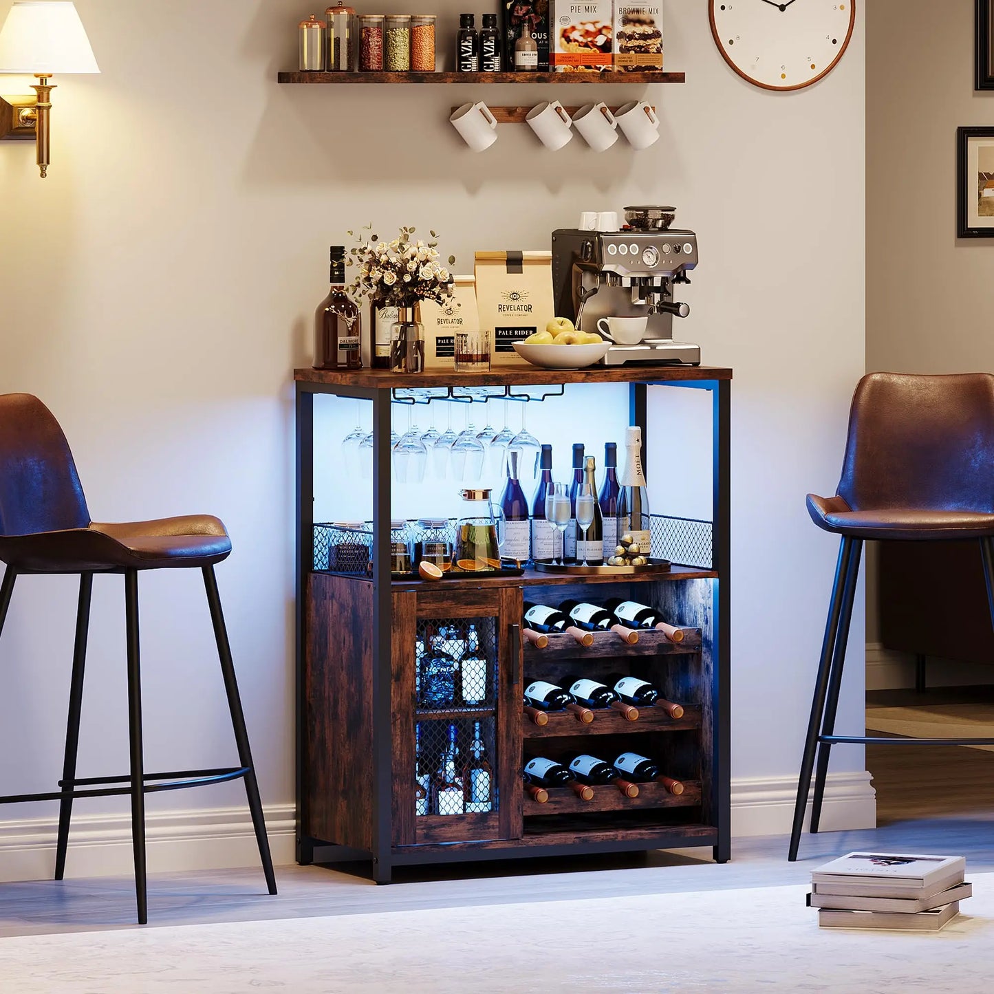 HiMISS Vintage 3 Tier Wine Bar Cabinet With Adjustable Shelves Glass Holders
