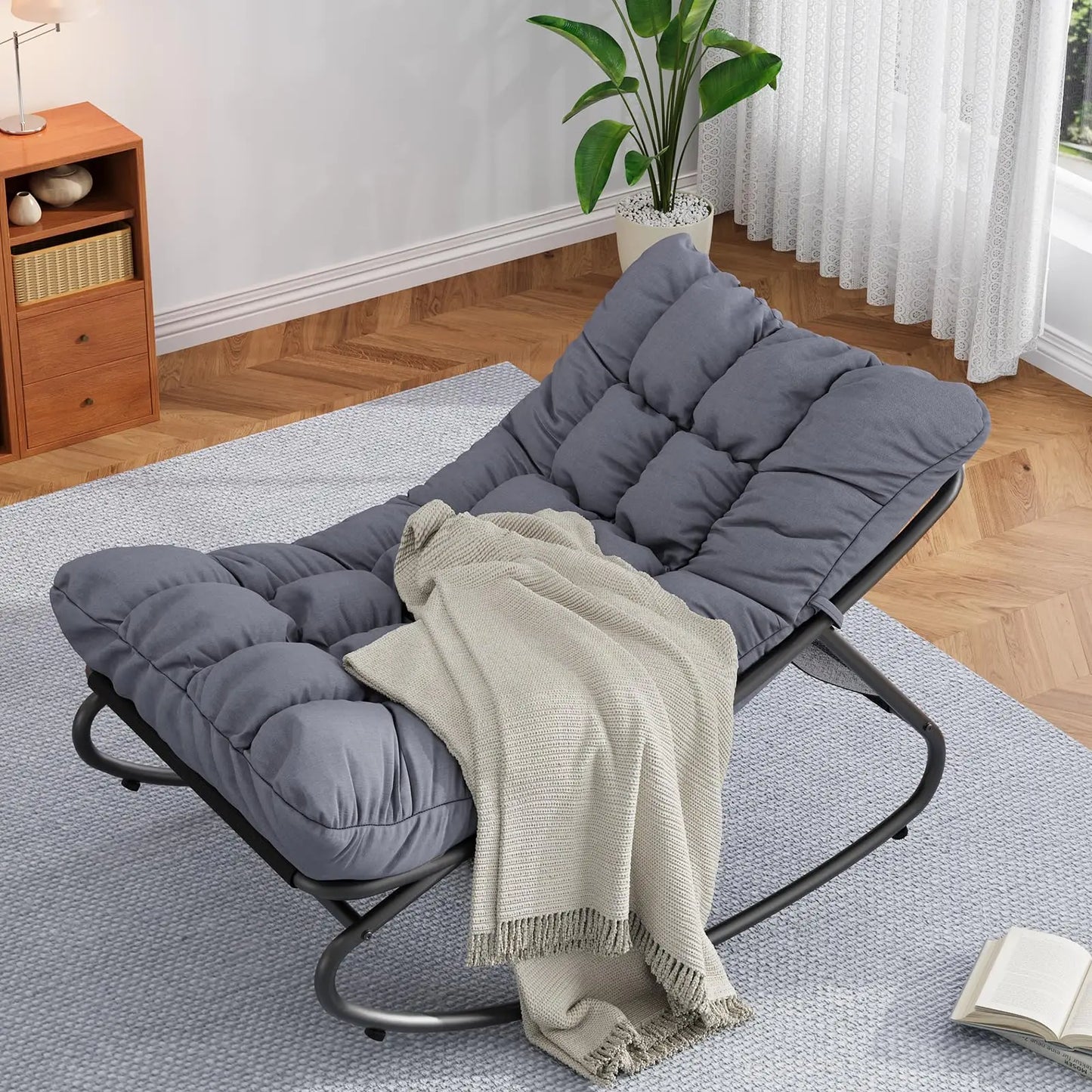 Oversized Patio Rocking Chair – Heavy Duty Metal Frame, Thick Waterproof Cushion, Ergonomic Comfy Lounge Rocker, 400 lbs Capacity, for Outdoor Porch, Garden, Balcony, Backyard
