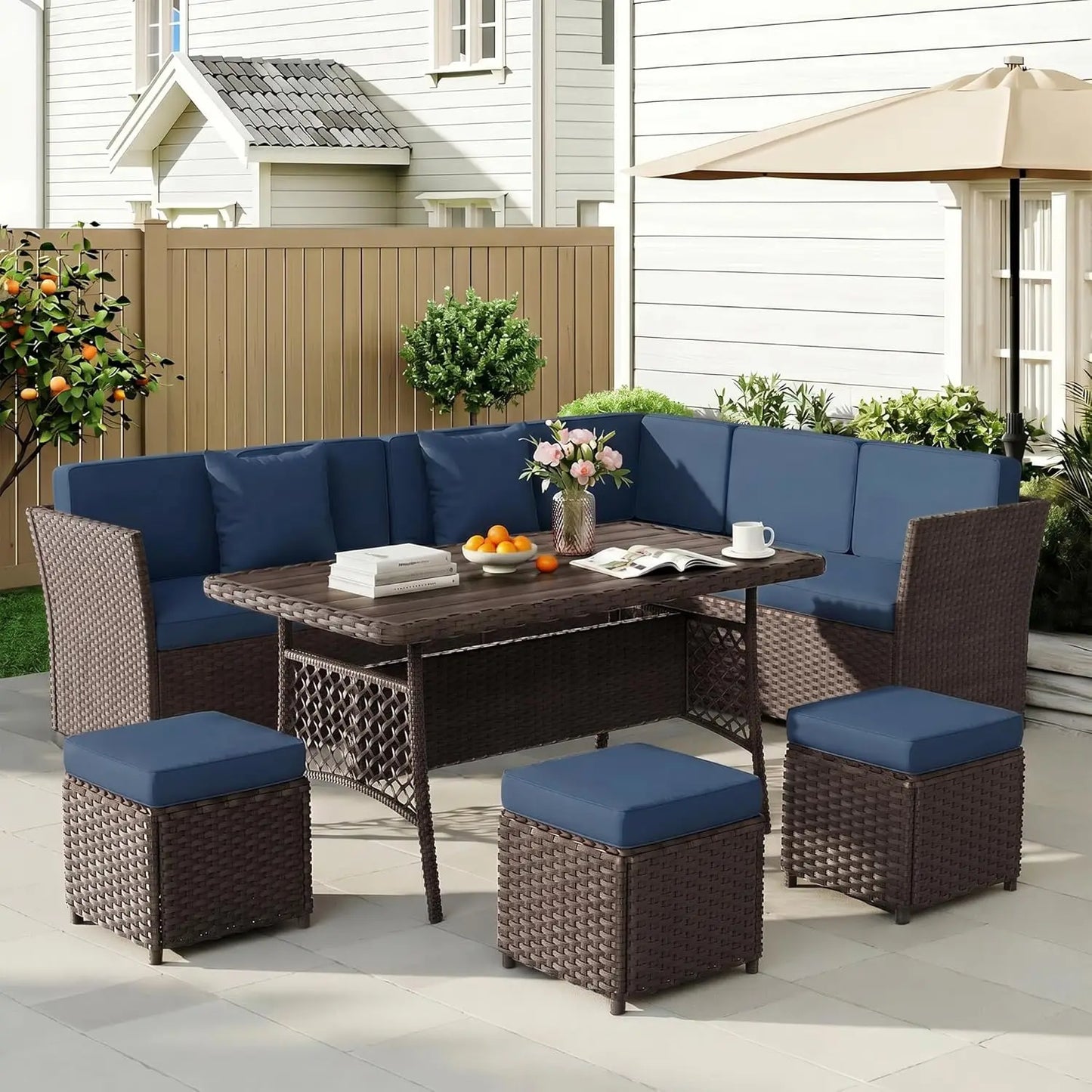 7 Pieces Patio Furniture Set, Outdoor Patio Furniture, Wicker Conversation Set with Dining Table, Chairs and Ottoman, Custom