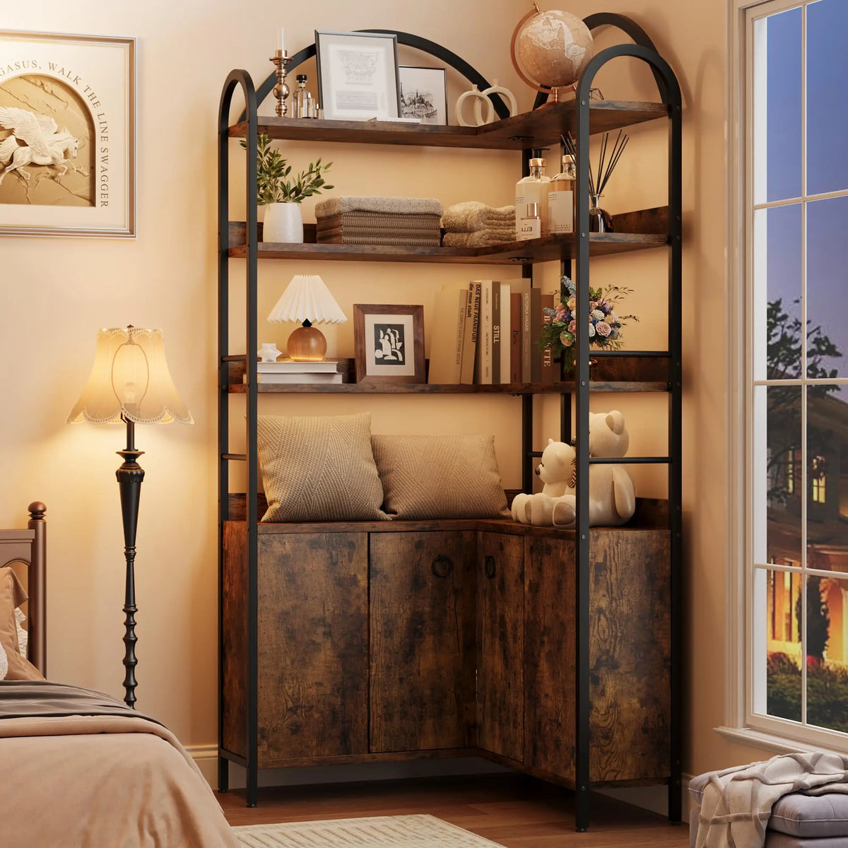 74" Tall 6-Tier Arched Corner Bookshelf - L-Shaped Corner Bookcase with Cabinet Doors - Rustic Metal & Wood Corner Storage Shelf Unit for Home Office/Living Room