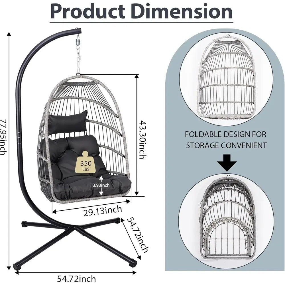 Outdoor Egg Hanging Chair with Stand, Patio Wicker Swing Egg Chair Indoor Outdoor Hammock Chair, 350 lbs acity, Black Gray