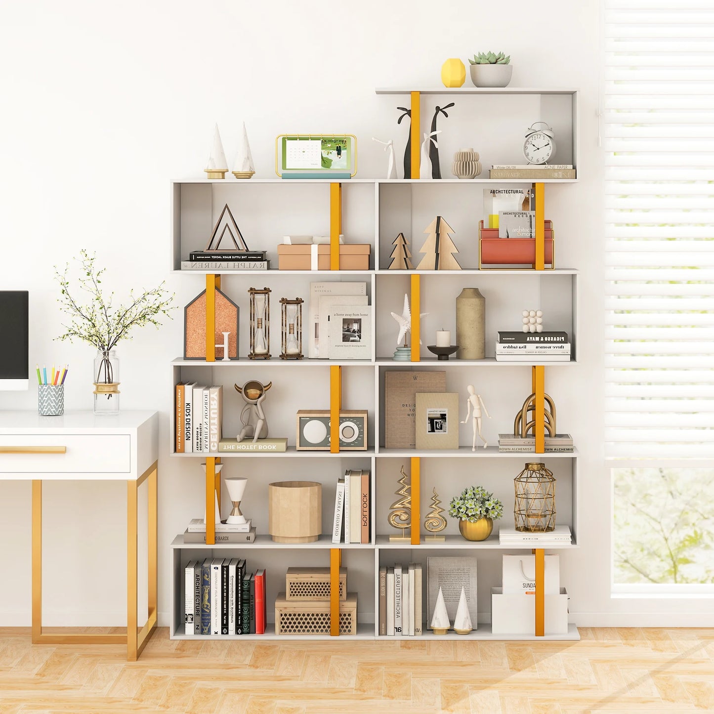 6-Tier Geometric Bookcase 74. 5-Inch S-Shaped Bookshelf with Metal Frame Gold