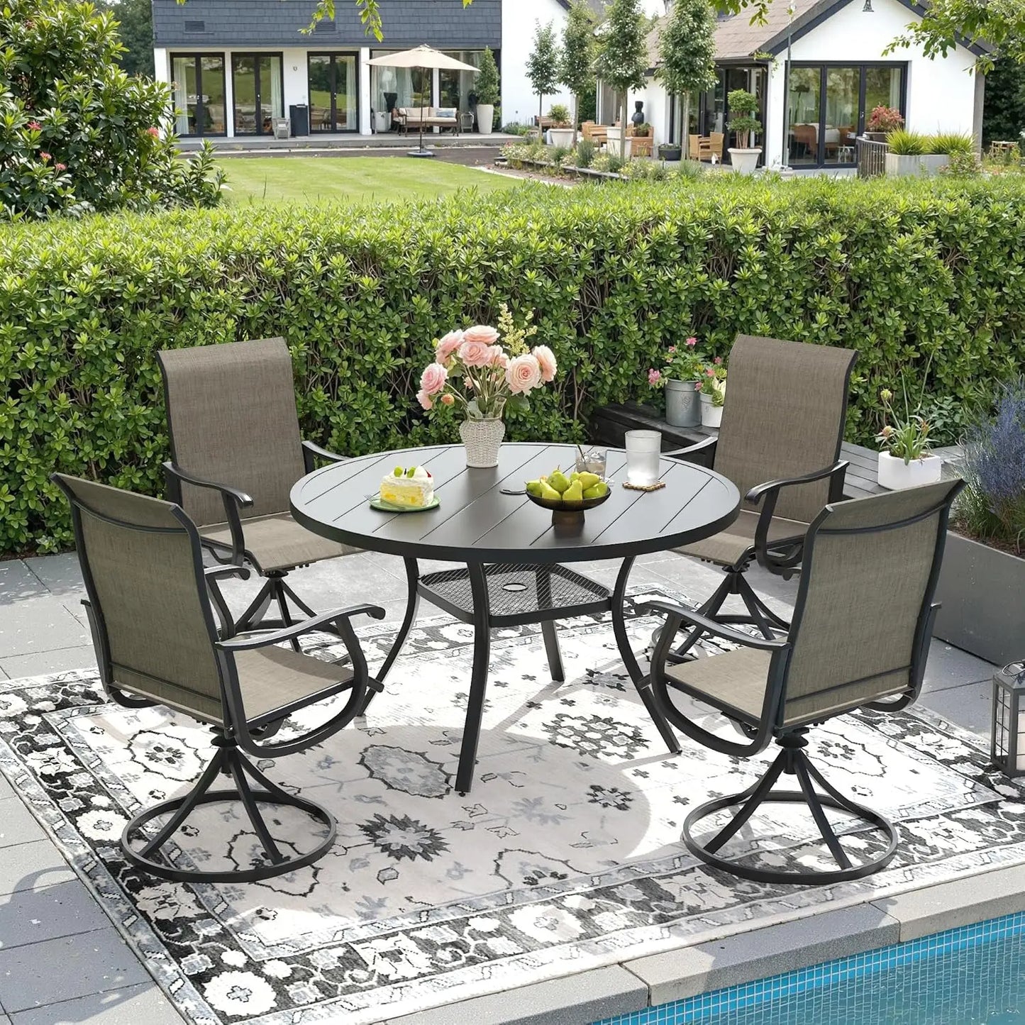 Outdoor Patio Dining Set With Four Textilene Swivel Chairs And Round Table