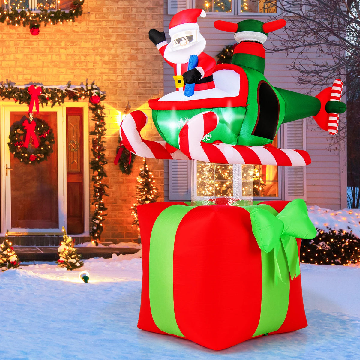 LIFEZEAL Christmas Santa Claus Helicopter Inflatable With LED Lights