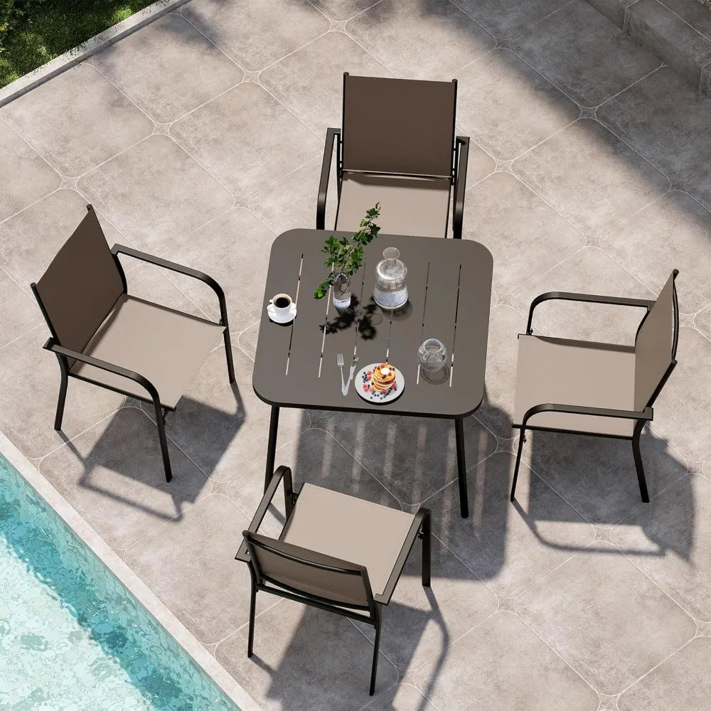 Outdoor Dining Set With Textilene Chairs And Square Metal Table