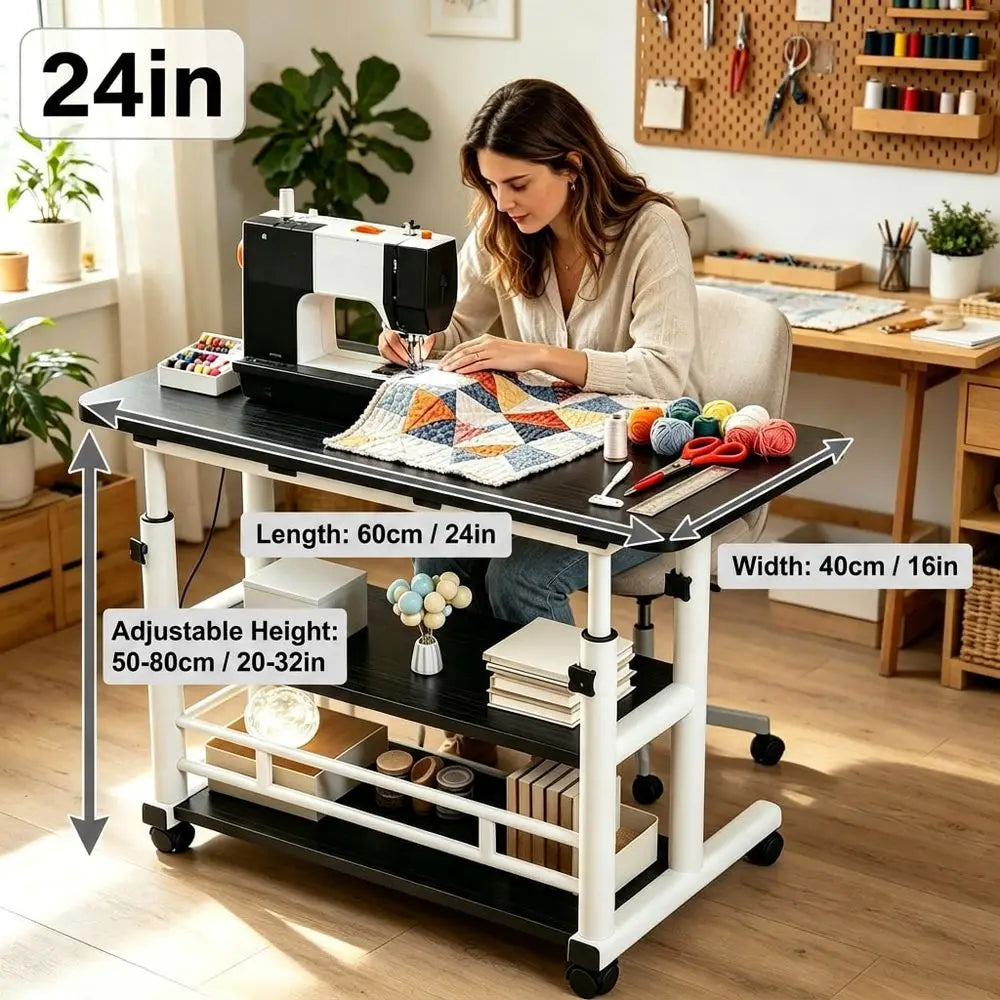 24/32"Multifunctional Adjustable Height Mobile Side Table, Multi-Layer Storage Office Computer Desk With Thickened Metal Frame