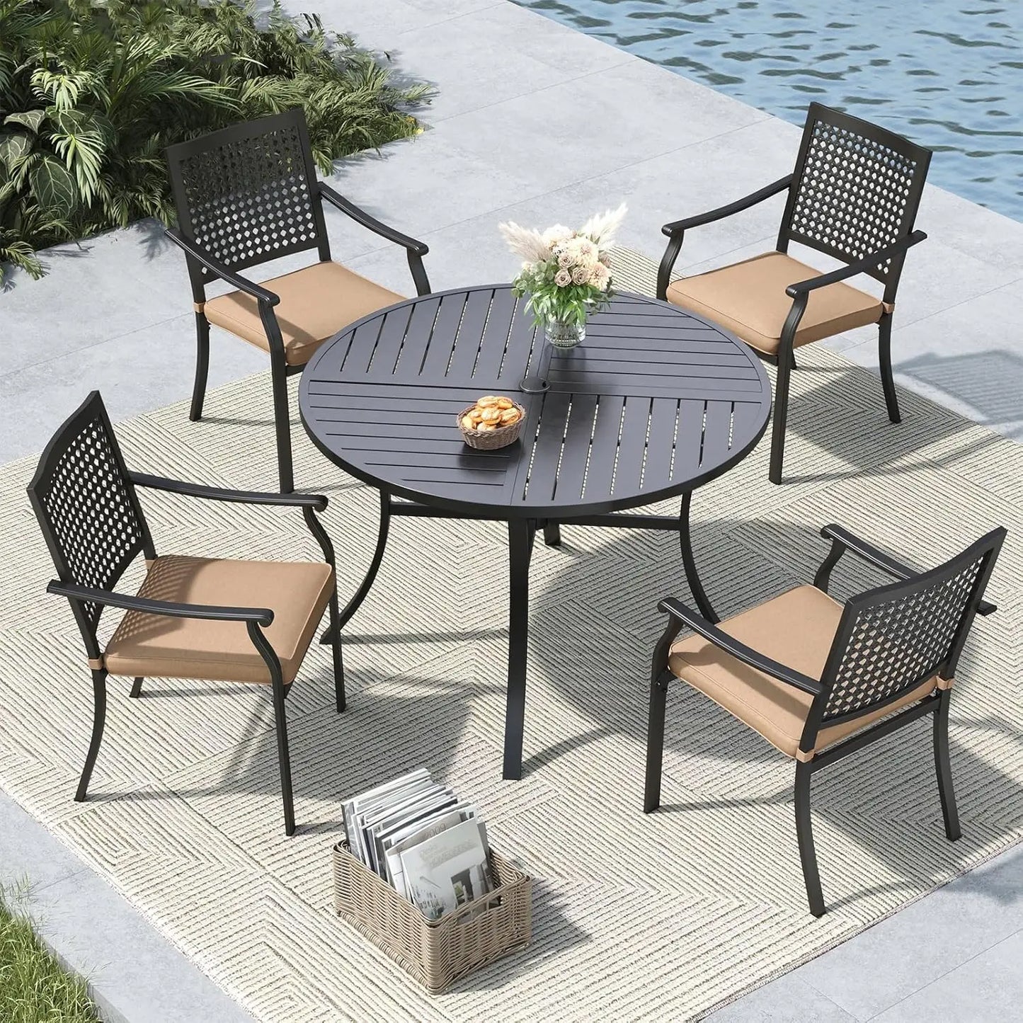 Round Outdoor Dining Set Wrought Iron 5 Piece Table & Chairs with Umbrella Hole for Deck Backyard Poolside Garden, Custom