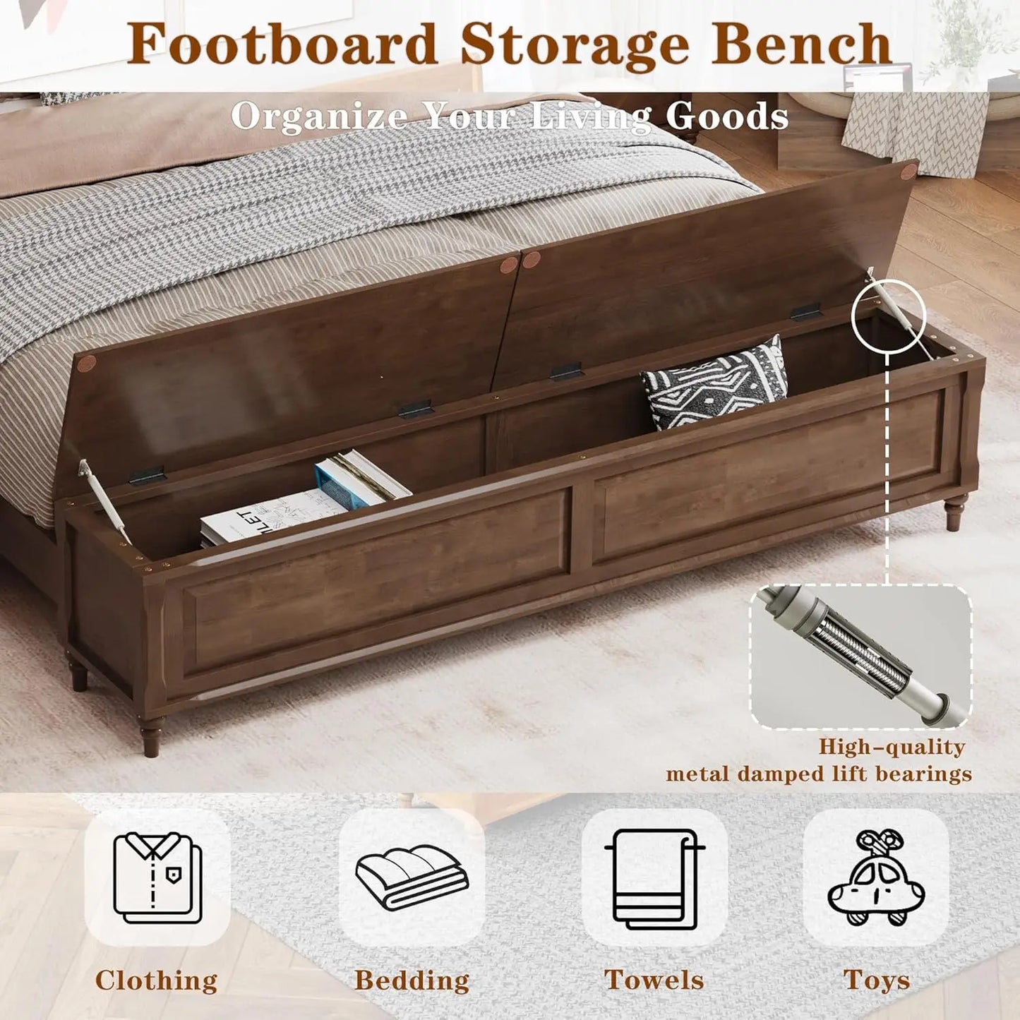 King Size Bed Frame with Headboard and Storage Bench, Solid Wood Sleigh Bed Frame No Box Spring Needed, Wood Bed Frame, Custom