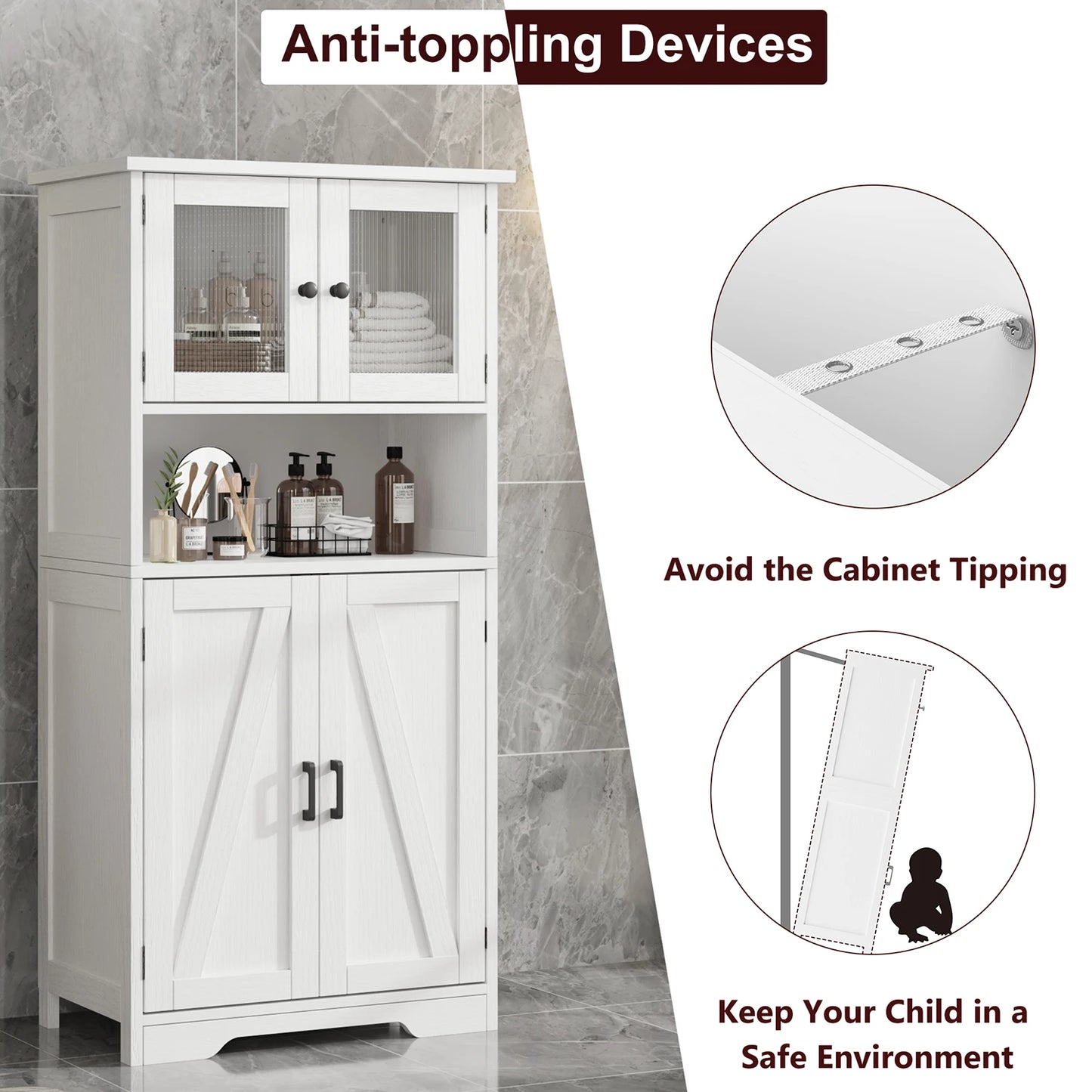 Modern Multipurpose Entryway Storage Cabinet – Freestanding Wooden Pantry with Glass Doors & Adjustable Shelves, Floor Organizer for Hallway, Kitchen, Living Room, Bathroom