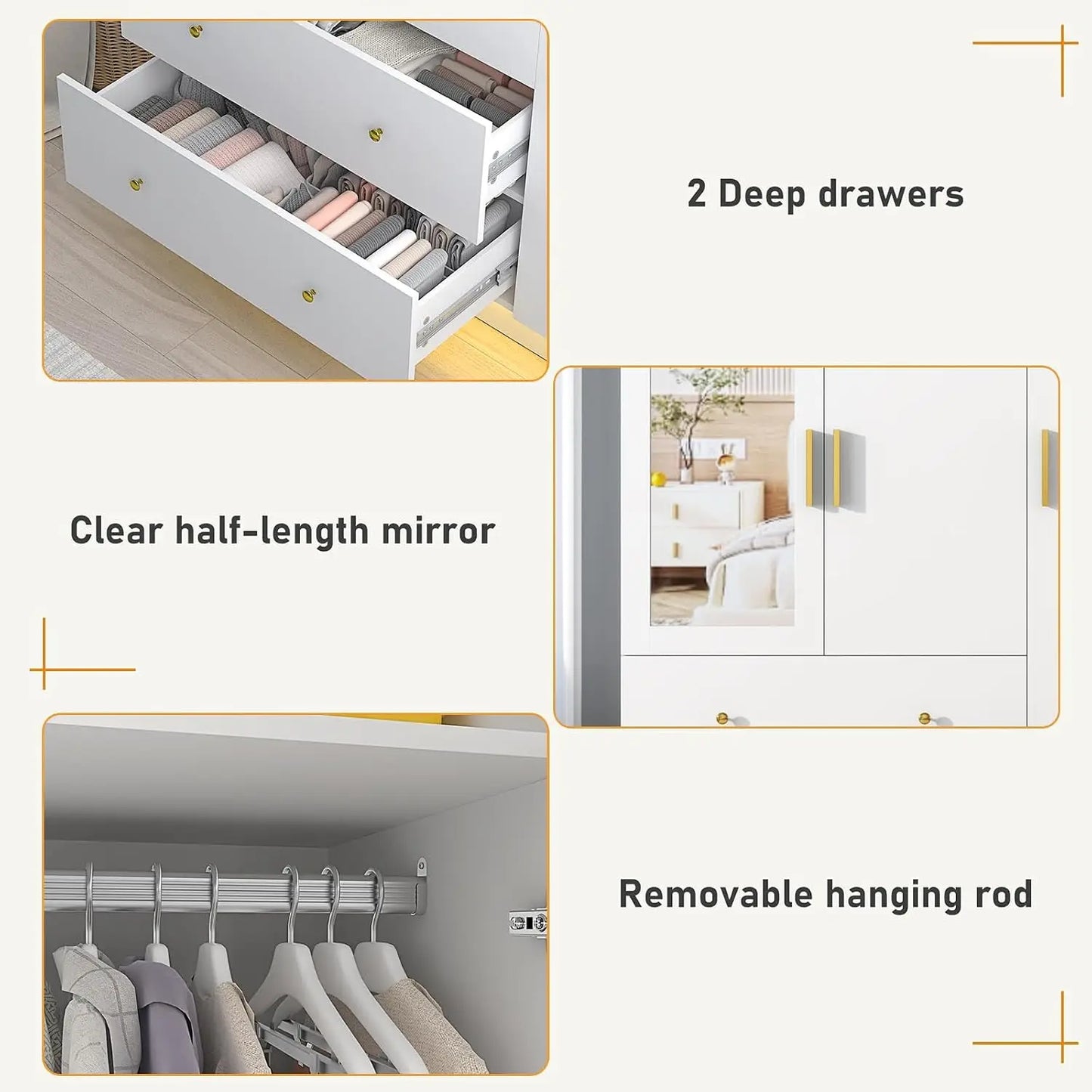 3 Doors Armoire Wardrobe Closet with Mirror, LED Armoire with Doors and Drawers, Wooden Wardrobe Storage Cabinet with, Custom