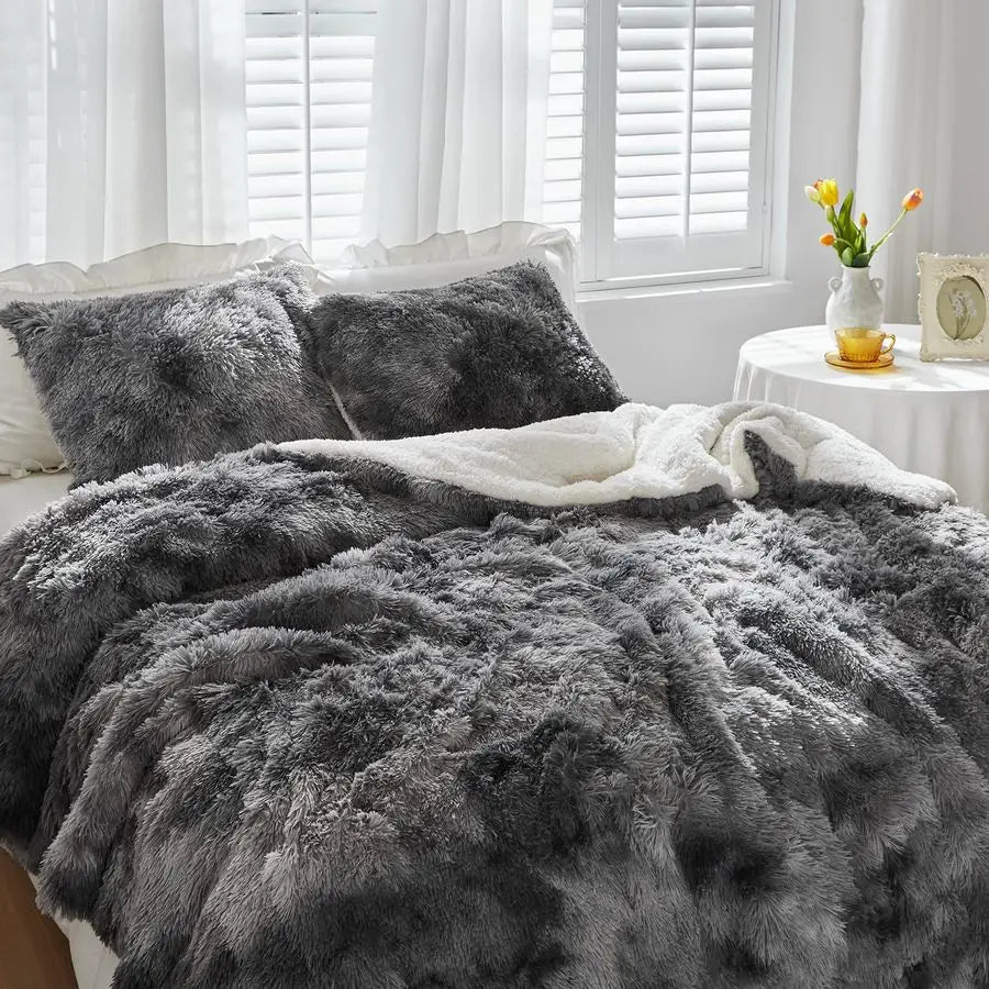 Faux Fur Shaggy Comforter Set Plush Sherpa Reversible Bedding