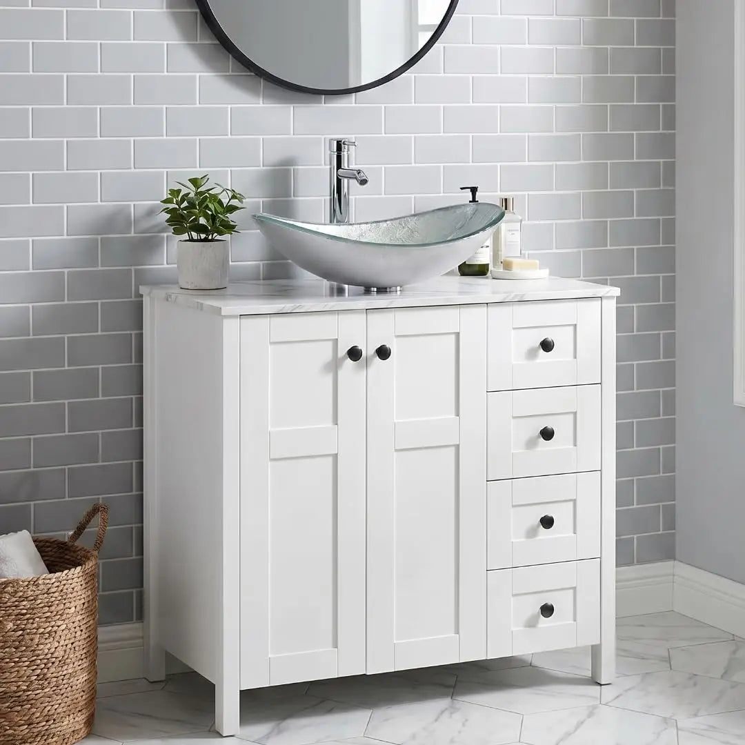 32 Inches White Bathroom Vanity with Marble Texture Top and 4 Drawers, with Marble Boat Ceramic Sink, Custom