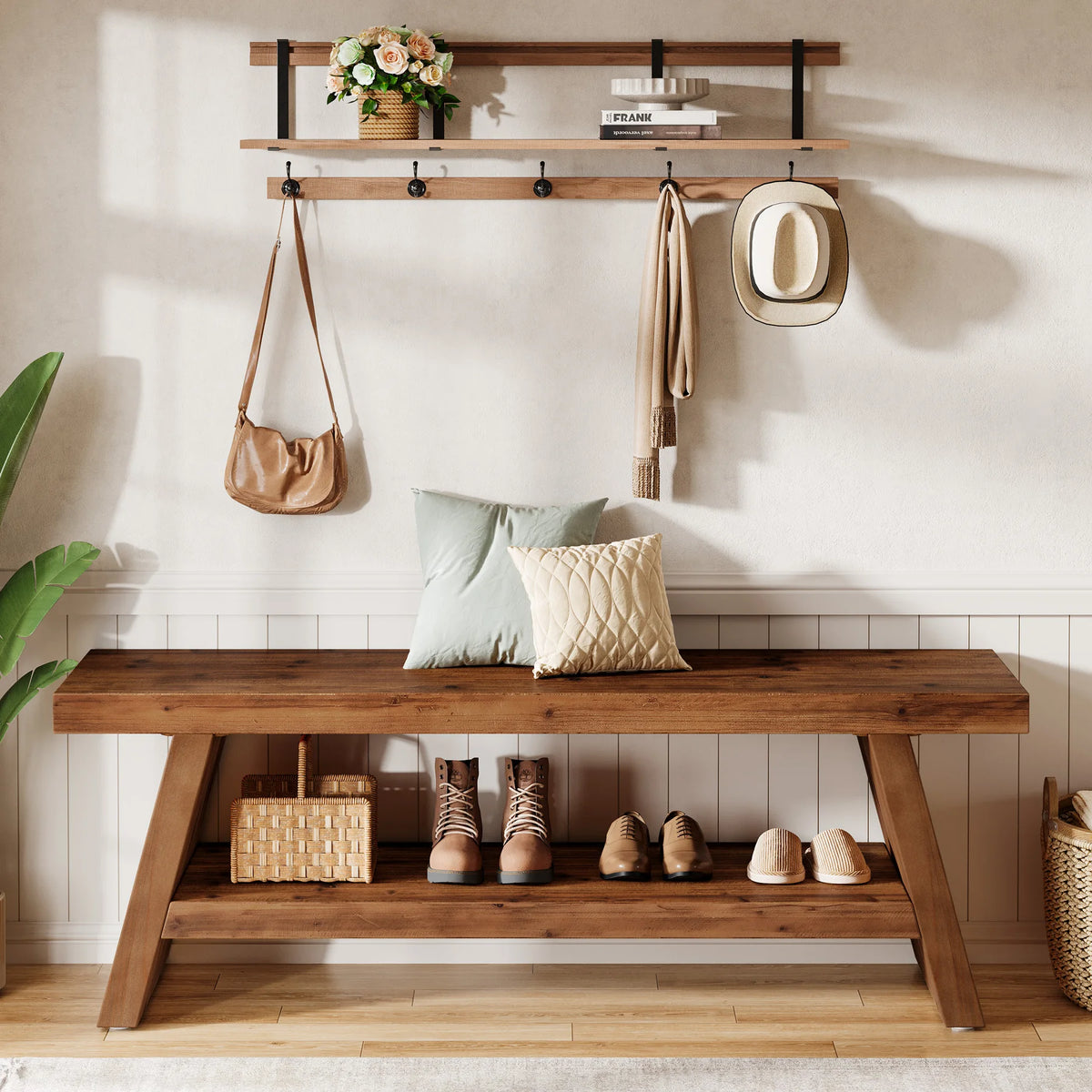 Tribesigns Two Tier Solid Wood Entryway Storage Bench