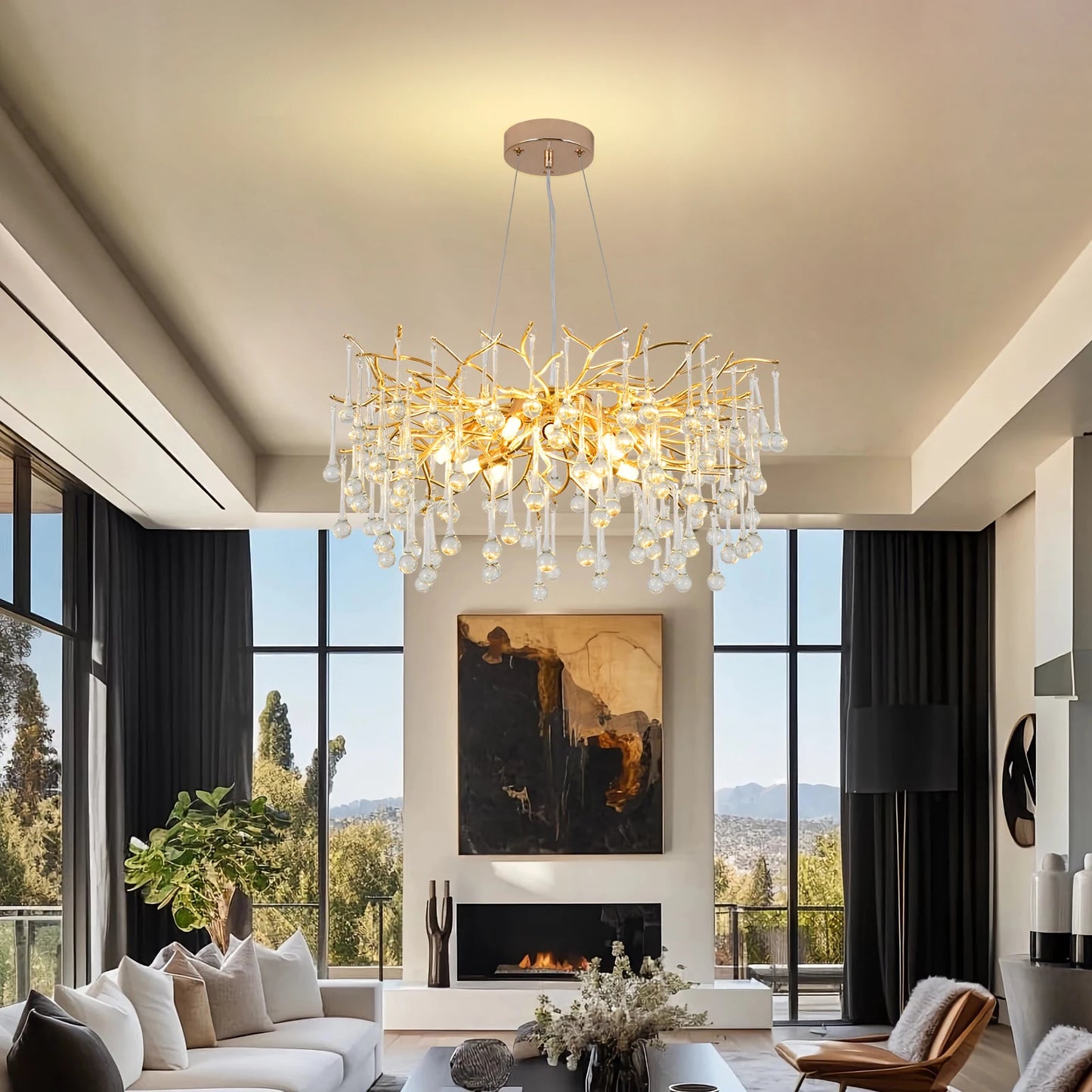 Modern Luxury Gold Crystal Ceiling Chandelier Tree Branch Shaped Pendant Light for Dining Living Room Bedroom Lustre Home Decor