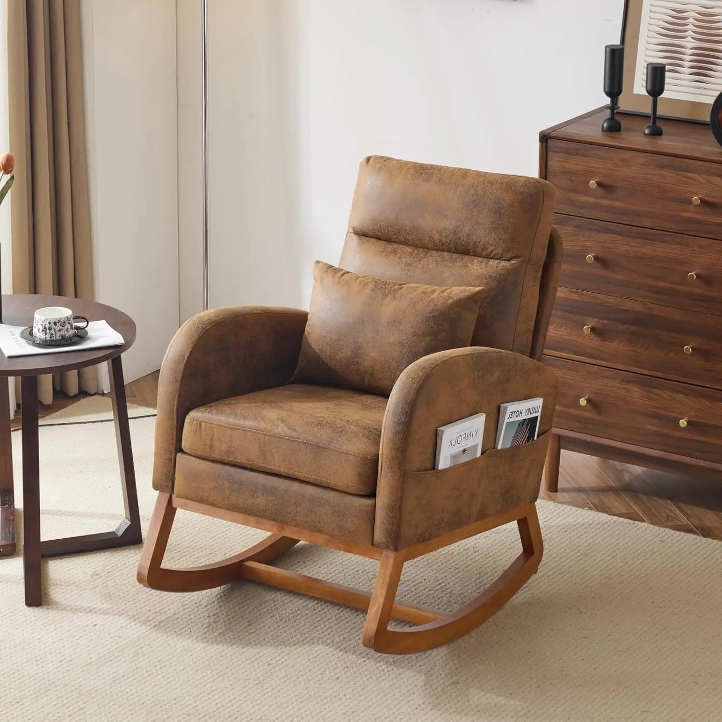 Olive Chenille Rocking Chair Nursery with Thick Headrest, Upholstered Mid-Century Modern Nursing Rocker Glider with, Customized