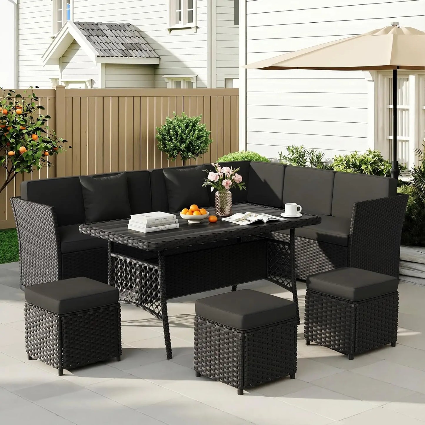7 Pieces Patio Furniture Set, Outdoor Patio Furniture, Wicker Conversation Set with Dining Table, Chairs and Ottoman, Custom