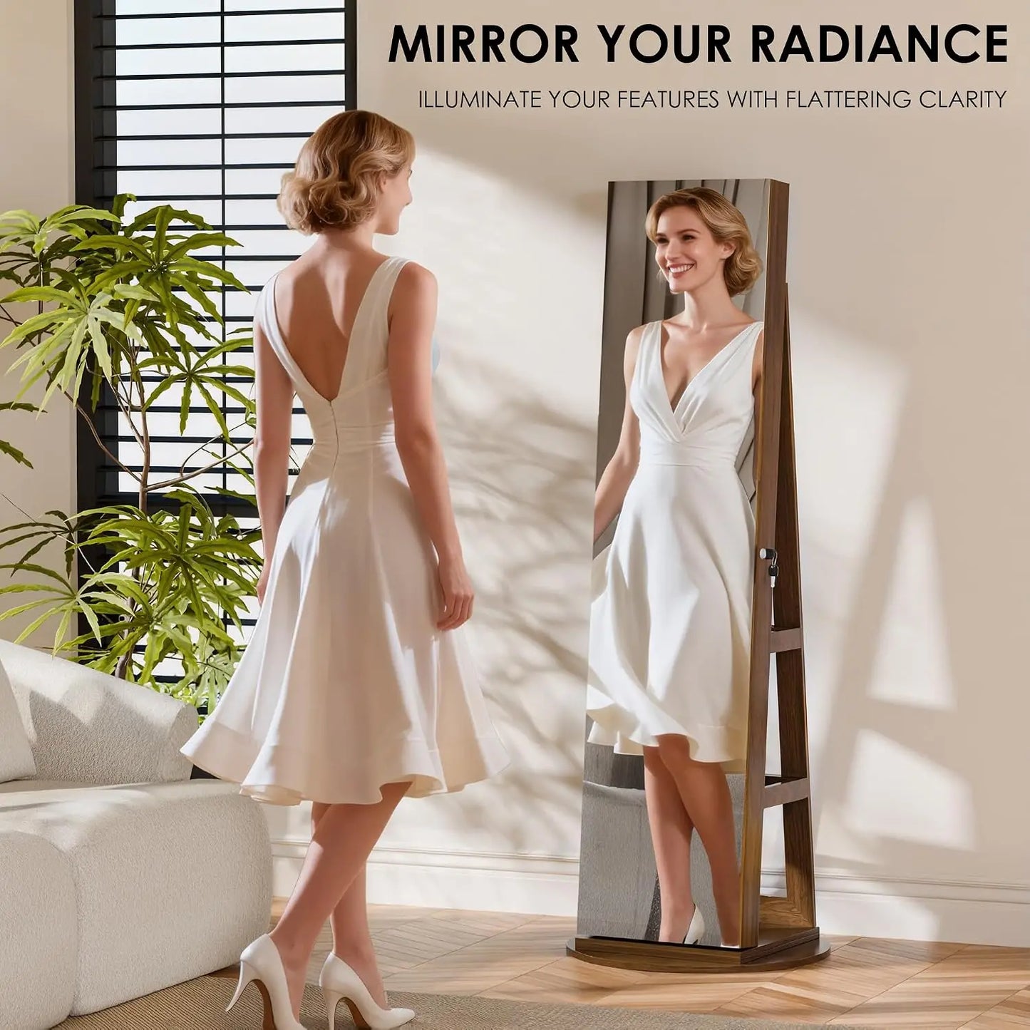 360° Swivel Jewelry Mirror Cabinet, Lockable Standing Jewelry Armoire with Full Length Mirror, Storage Shelves,, Custom
