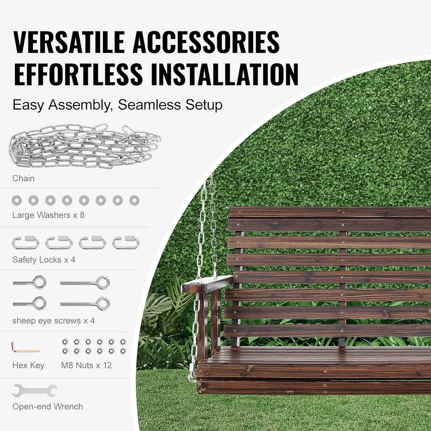 Outdoor Wooden Porch Swing Heavy Duty Hanging Bench Chair Patio