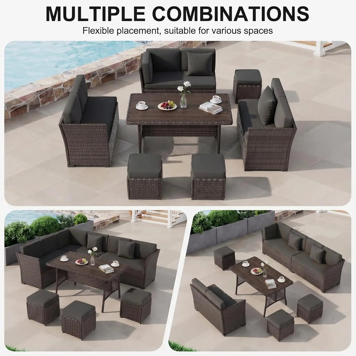 7 Pieces Patio Furniture Set, Outdoor Patio Furniture, Wicker Conversation Set with Dining Table, Chairs and Ottoman, Custom