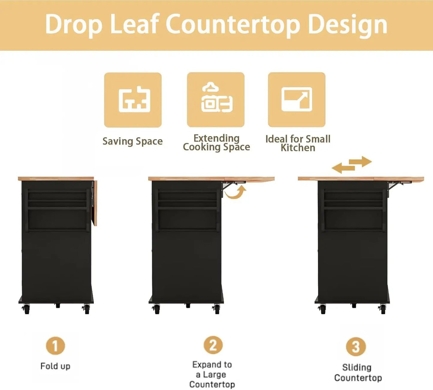 Movable Kitchen Island With Drop Leaf And Power Outlet Lockable