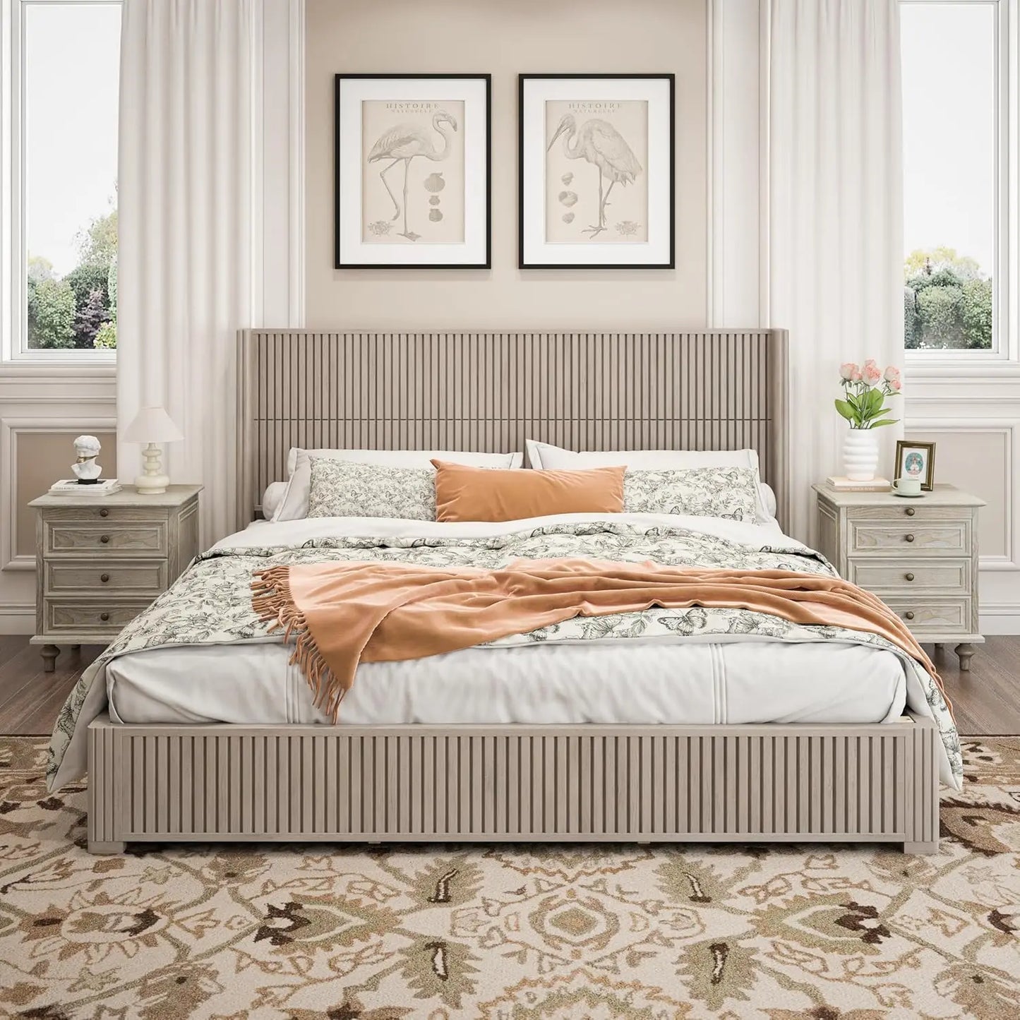King Size Bed Frame with Headboard and Storage Bench, Solid Wood Sleigh Bed Frame No Box Spring Needed, Wood Bed Frame, Custom