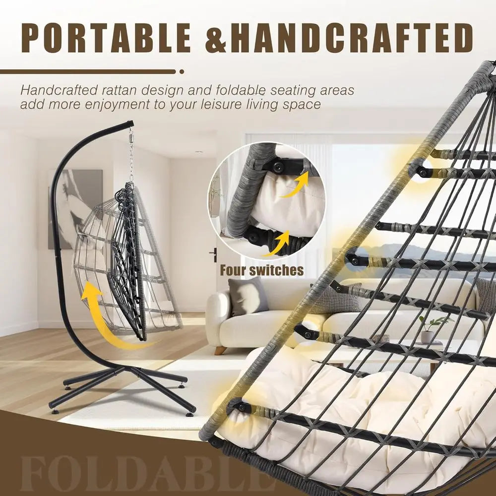 Egg Chair with Stand, Outdoor Hanging Swing Chairs, Indoor Hammock Egg Chair with Removable Cushion and Pillows, Patio Wicker Po