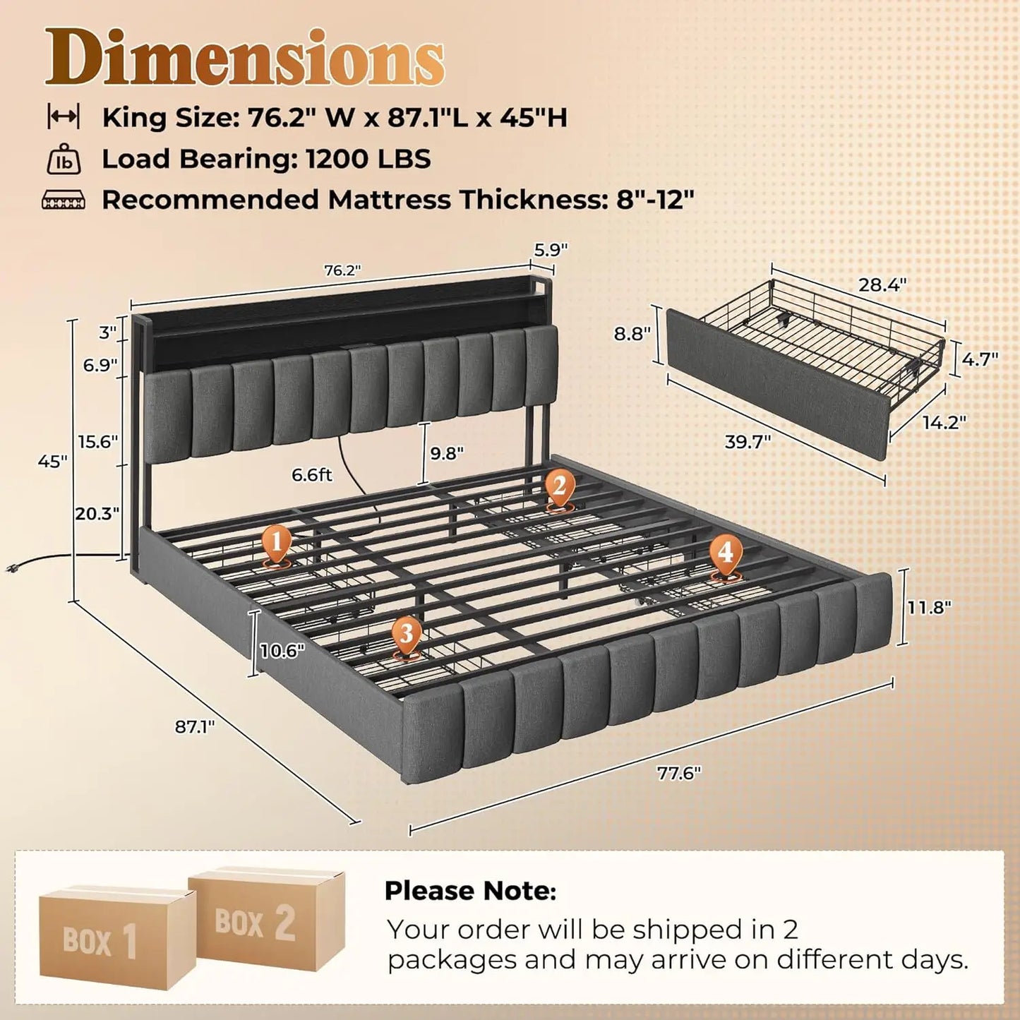 Bed Frame King Size with Upholstered Headboard & Charging Station, King Bed Frame with 4 Storage Drawers, 2-Tier Open Shelves, N