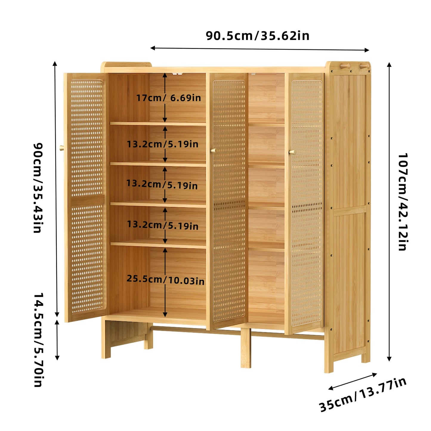 Bamboo Shoe Cabinet Organizer With 3 Doors And 6 Tiers