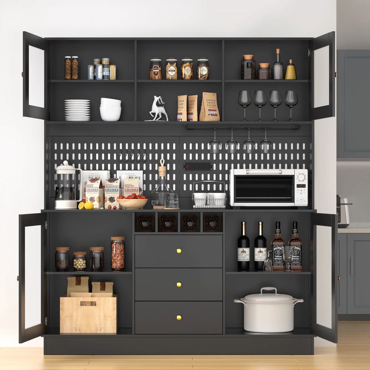 VOWNER Pantry Cabinet Freestanding Kitchen Storage Buffet Hutch With Pegboard