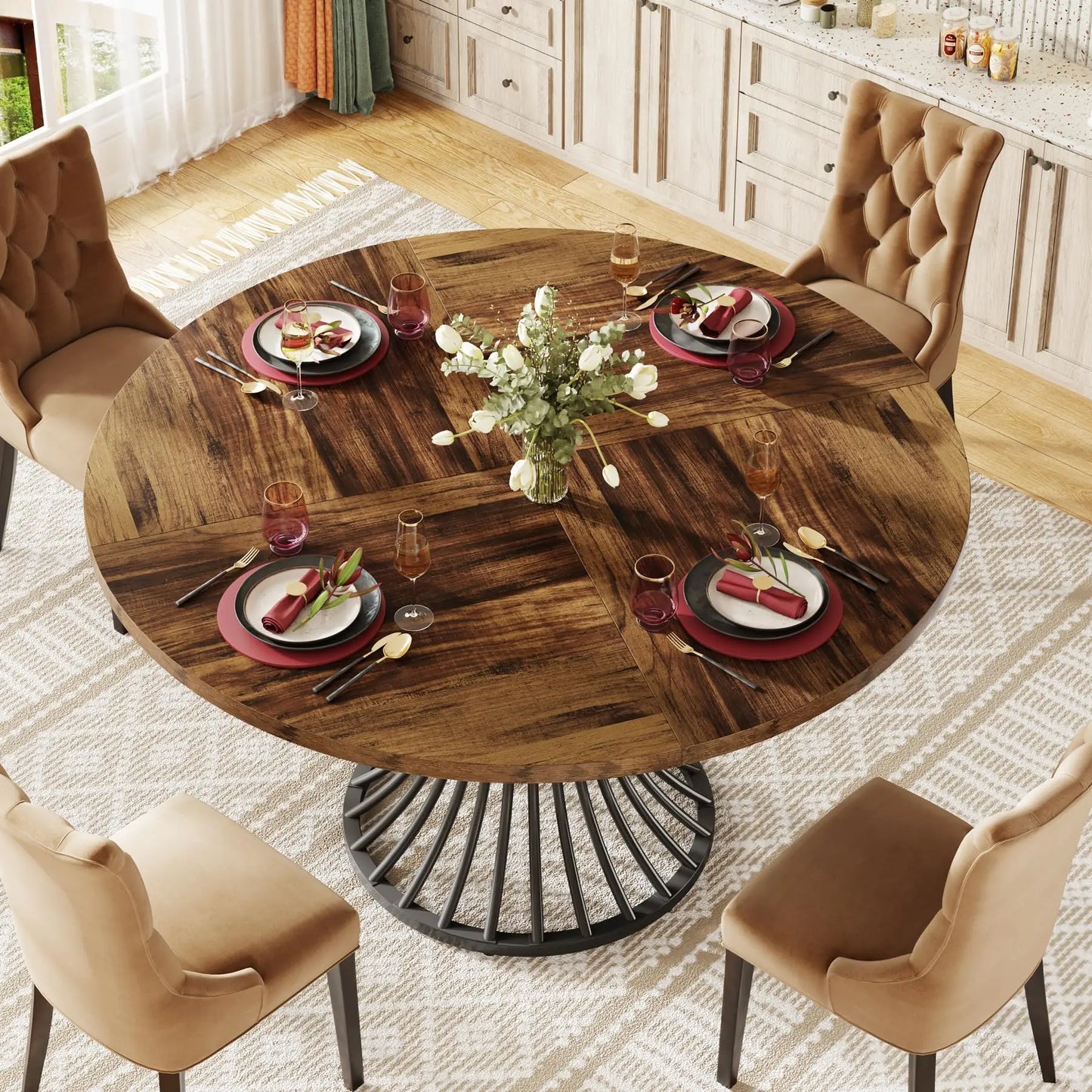 Tribesigns Industrial Round Farmhouse Dining Table For Home