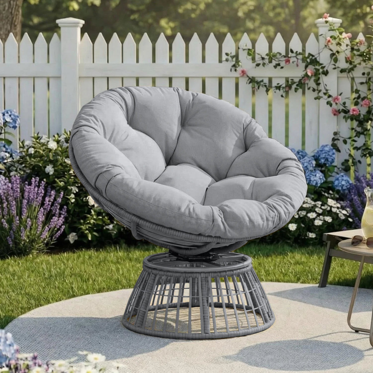 Swivel Papasan Chair, Outdoor Wicker Patio Lounge Chair with Thick Cushion, All-Weather Rattan Accent Chair for Backyard Porch Garden