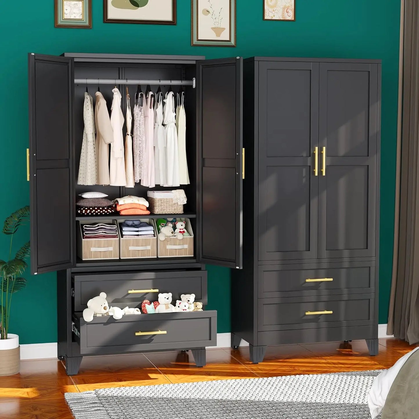 Metal Armoire Wardrobe Closet, 71 "Metal Clothing Storage Cabinet with Adjustable Shelves and Hanging Rod, Household, Custom