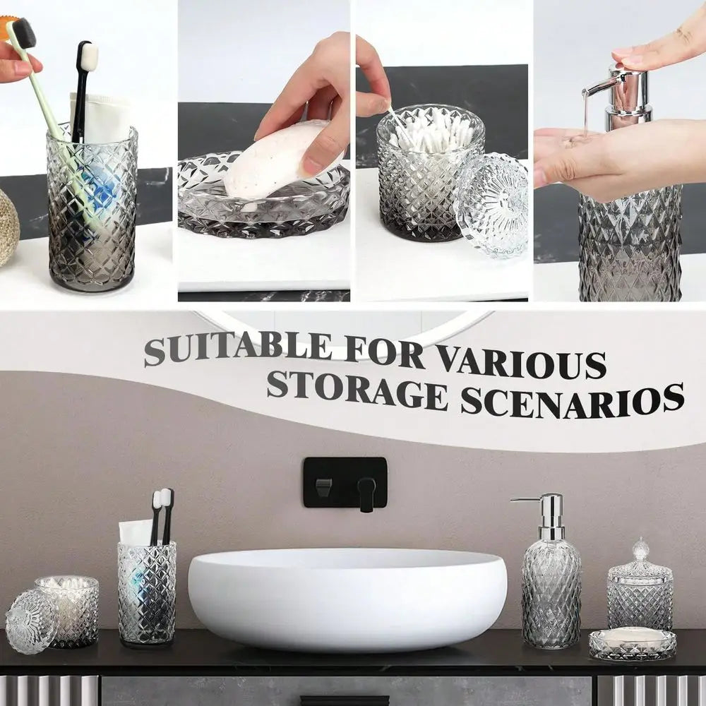 Bathroom Accessory Set 5 Piece Glass Soap Dispenser Dish Toothbrush Holder