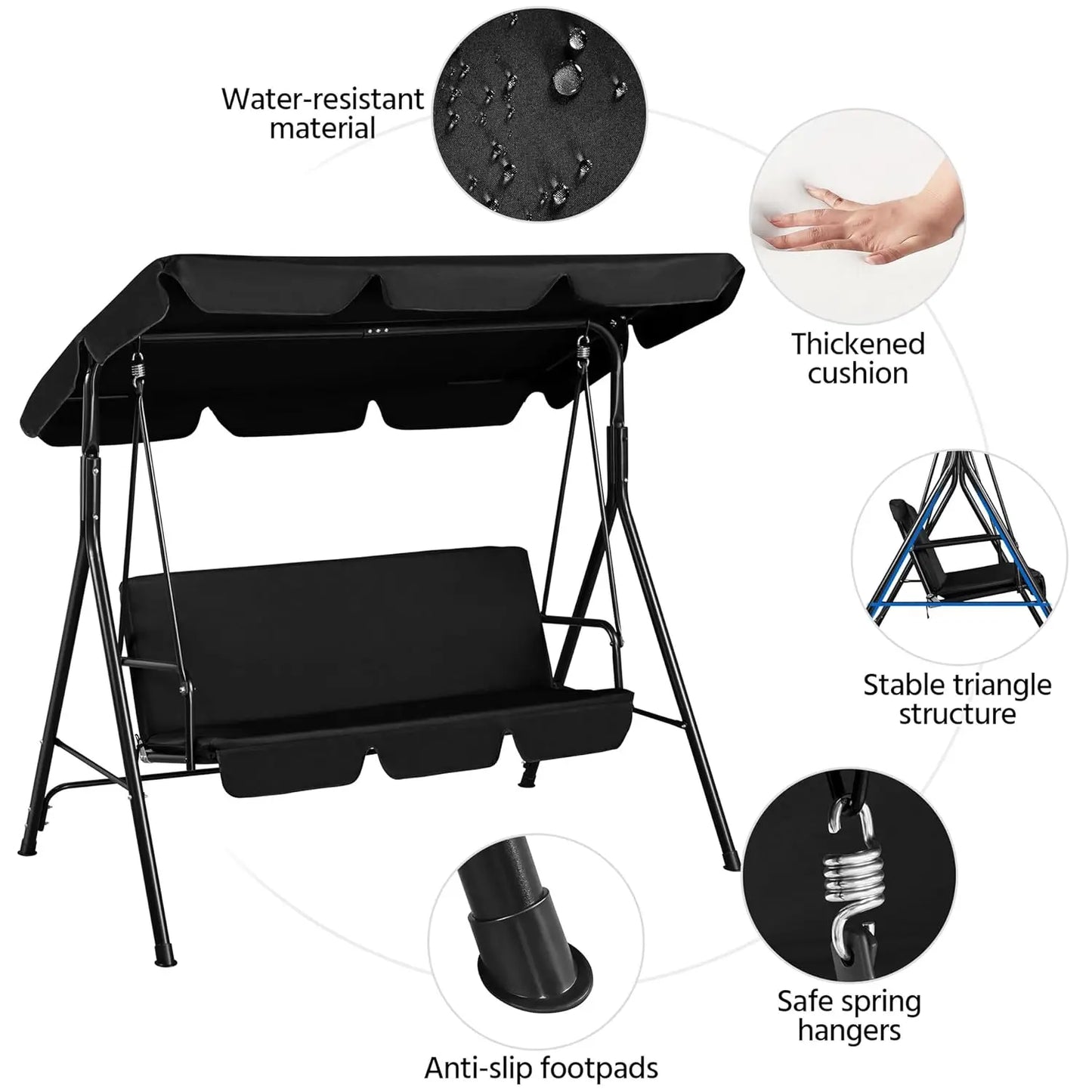 3-Seat Patio Swing Chair, Outdoor Canopy Porch with Adjustable Canopy & Removable Cushion, Hanging Glider Lounge Chair, Custom
