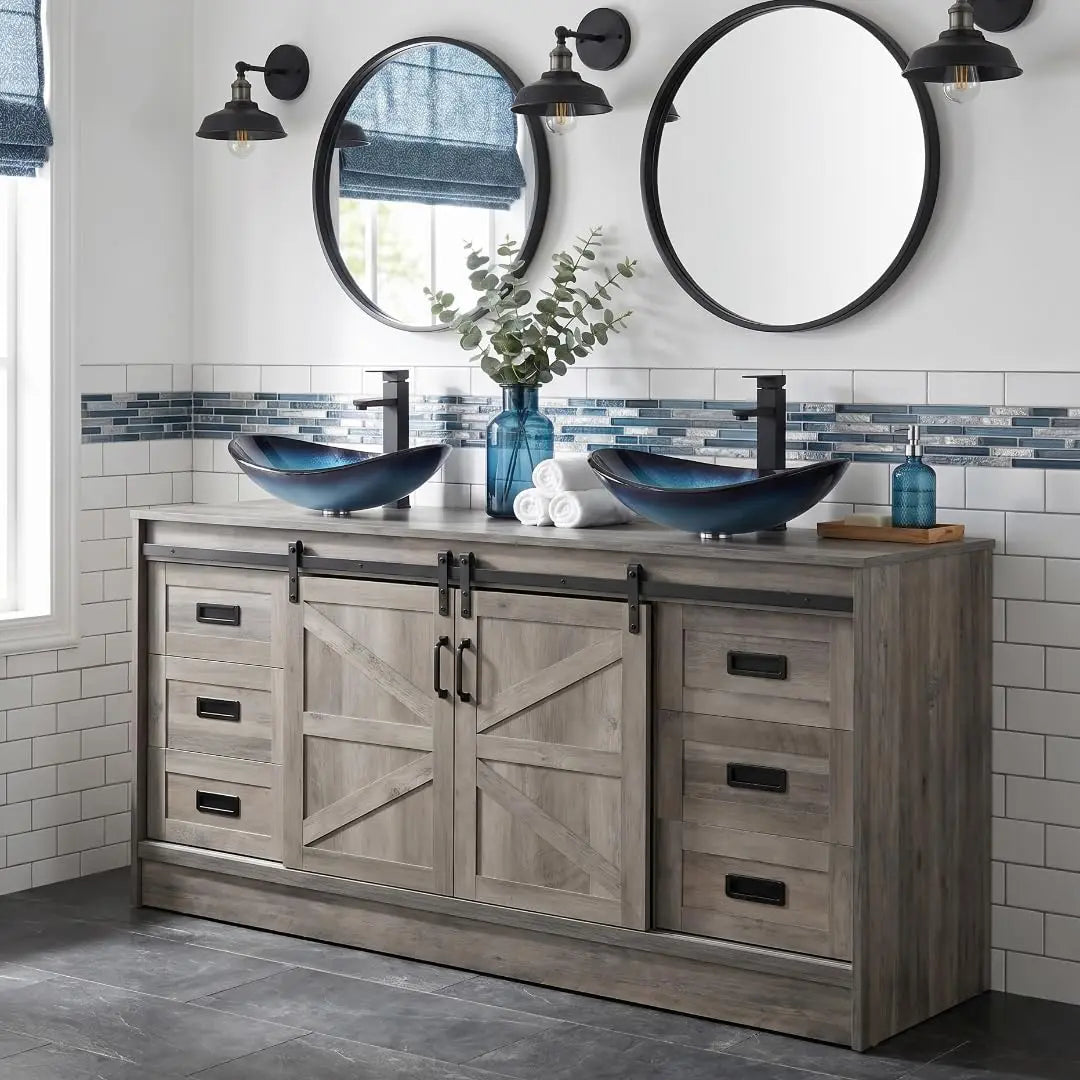 60" Barn Door Bathroom Vanity with 6 Drawers and Two Doors, Farmhouse Style Standing Pedestal Cabinet with Two Blue, Custom