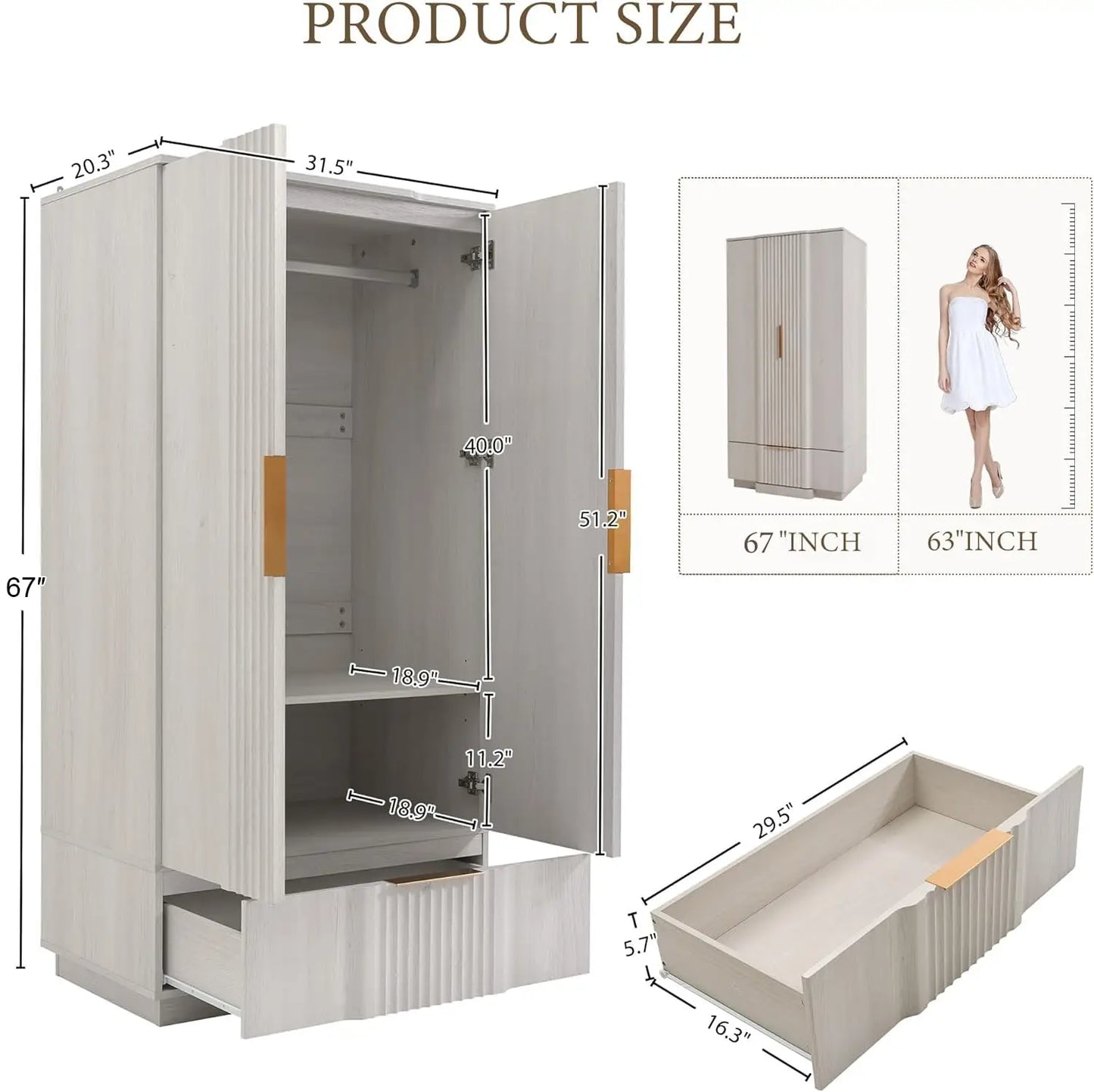 67" Fluted Armoire Wardrobe Closet with Drawers and Doors, Wooden Wardrobe Cabinet with Adjustable Shelves, Modern, Custom