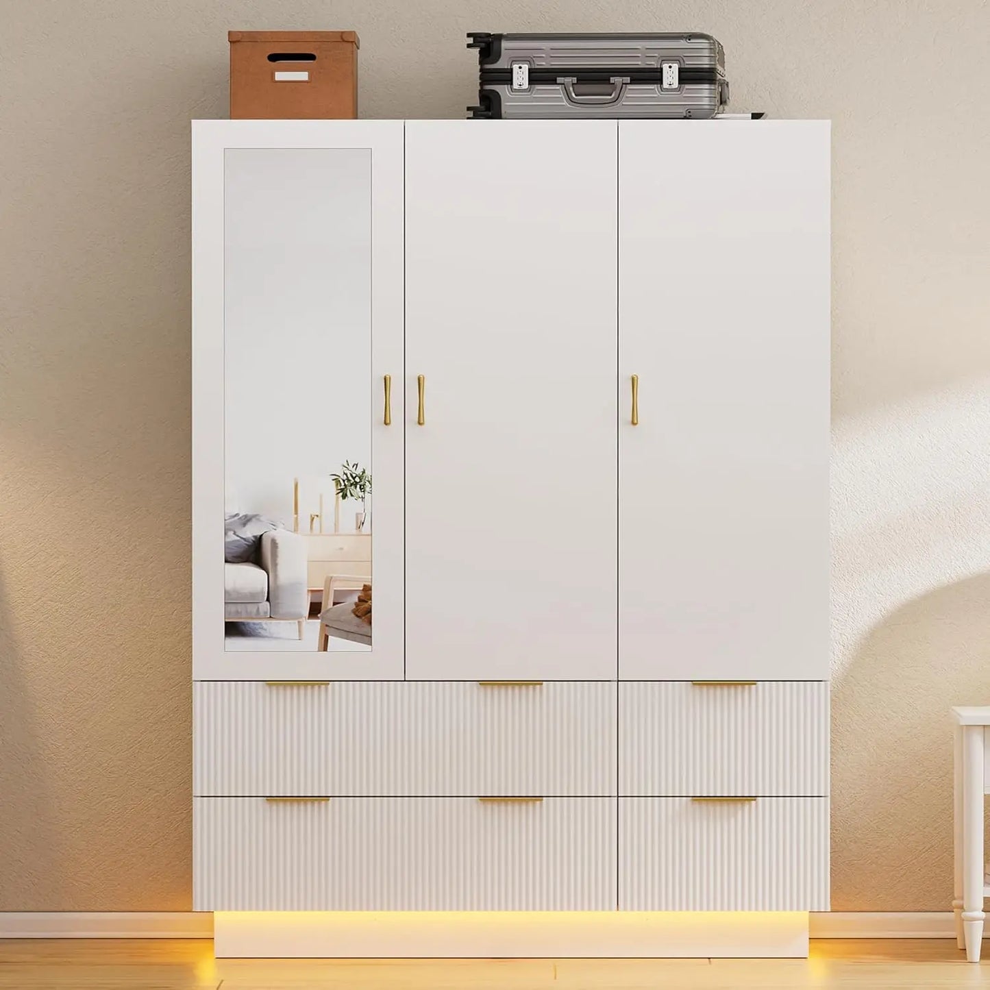 Minimalist Wardrobe Armoire With Mirror Hanging Rod Drawers