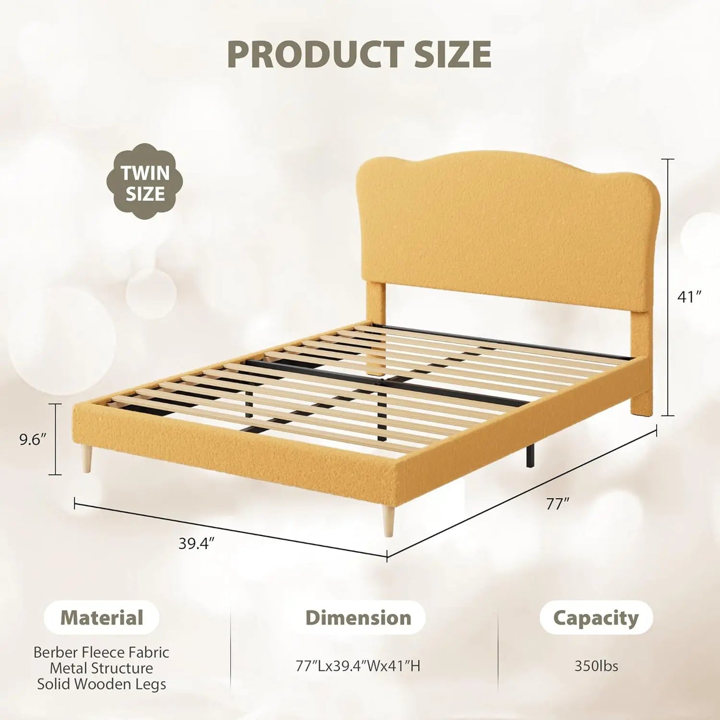 Upholstered Twin Size Bed Frame for Kids with Scallop Headboard, Cute Velvet Twin Bed, Sturdy Platform Bed, No Box Spring Needed