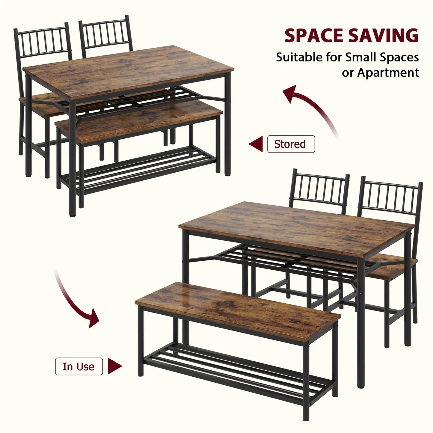4 Piece Dining Table Set with Chairs and Storage Bench –Kitchen Table with Wine Rack –Metal Frame –Dining Table and Chairs for 4