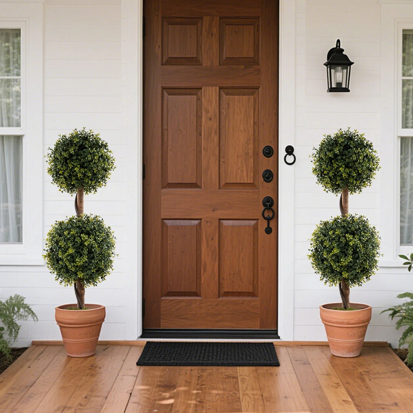 Set of 2 Artificial Double Topiary Ball Trees 3 FT Faux Boxwood Topiary Tree