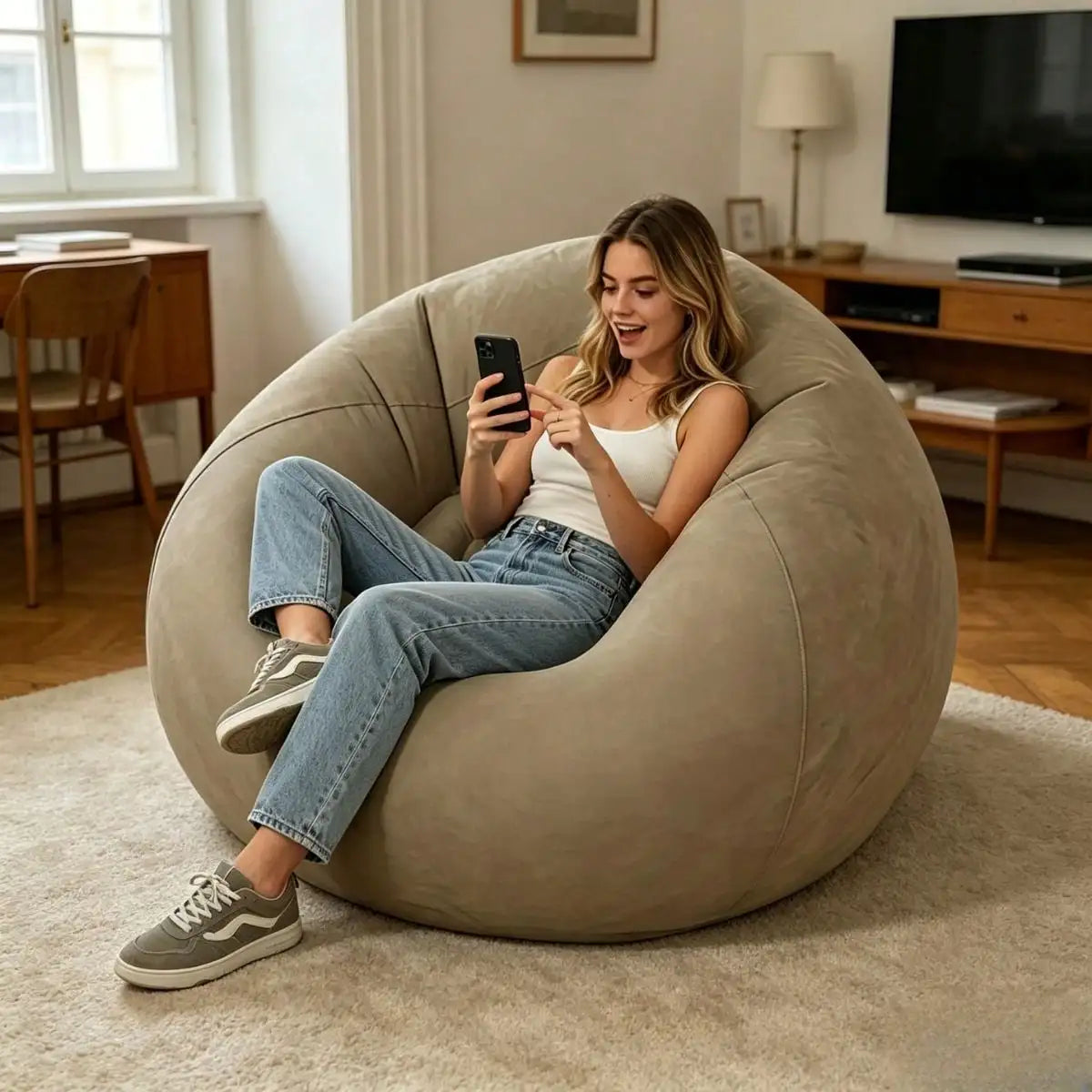 Blue Round Inflatable Single Sofa Chair, Comfort Inflatable Bean Bag Lounger For Indoor, Camping & Picnic