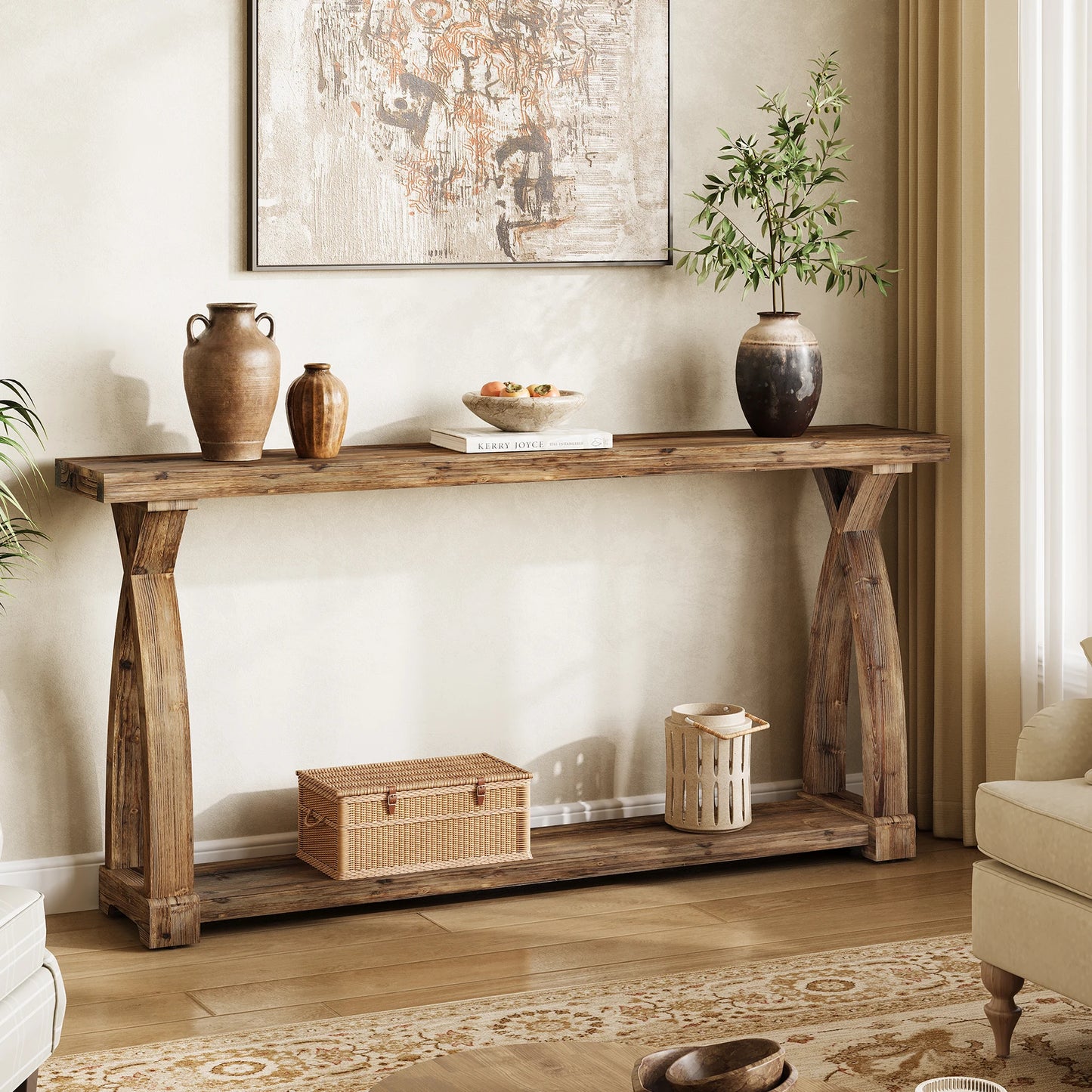 Tribesigns Solid Wood Farmhouse Console Table With Tiered Storage