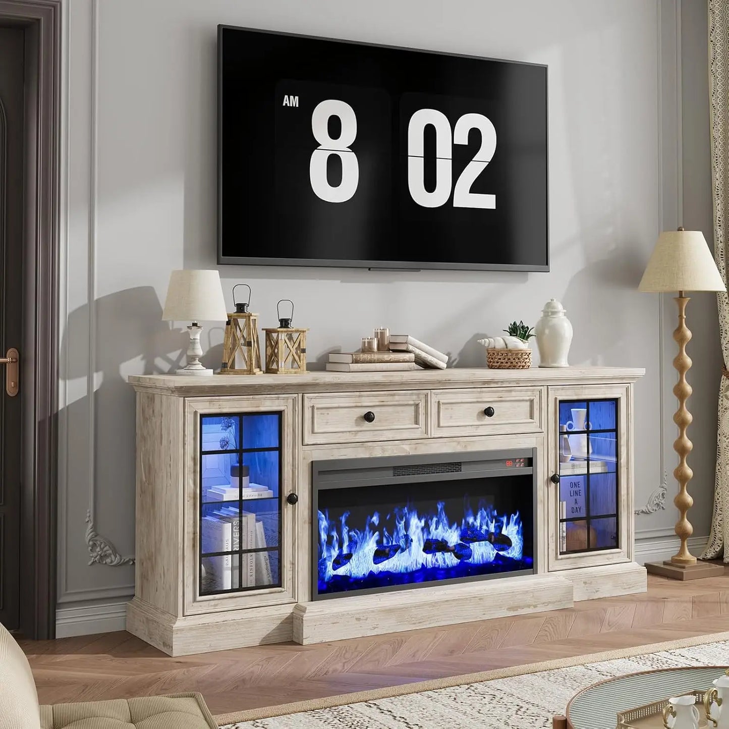 Fireplace TV Stand Modern Entertainment Center With LED Lights