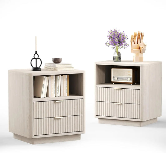 MOYU Fluted Nightstands Set of 2 Drawers Open Shelves