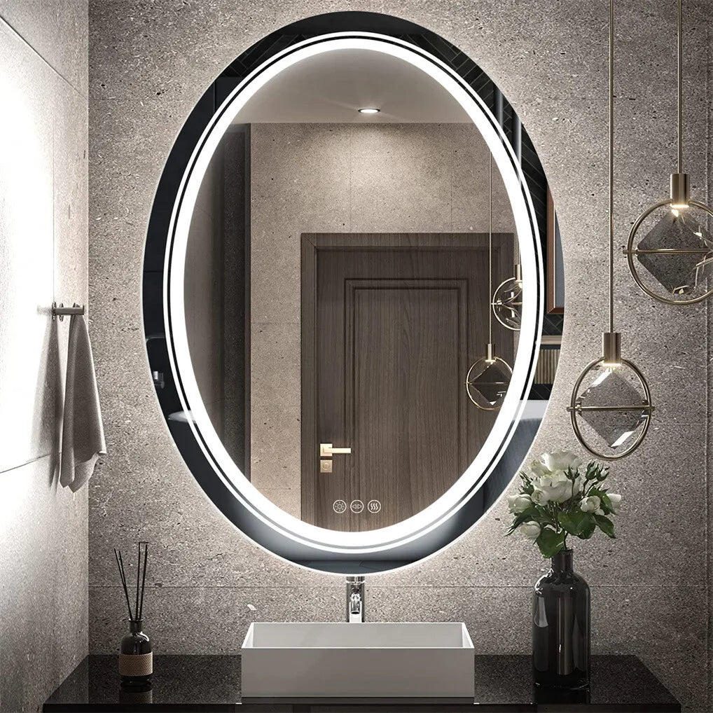 Oval Bathroom Mirror LED Makeup Mirror Anti-Fog Dimmable Light Memory Wall Vanity Shaving Mirror Backlit+Front Lighted