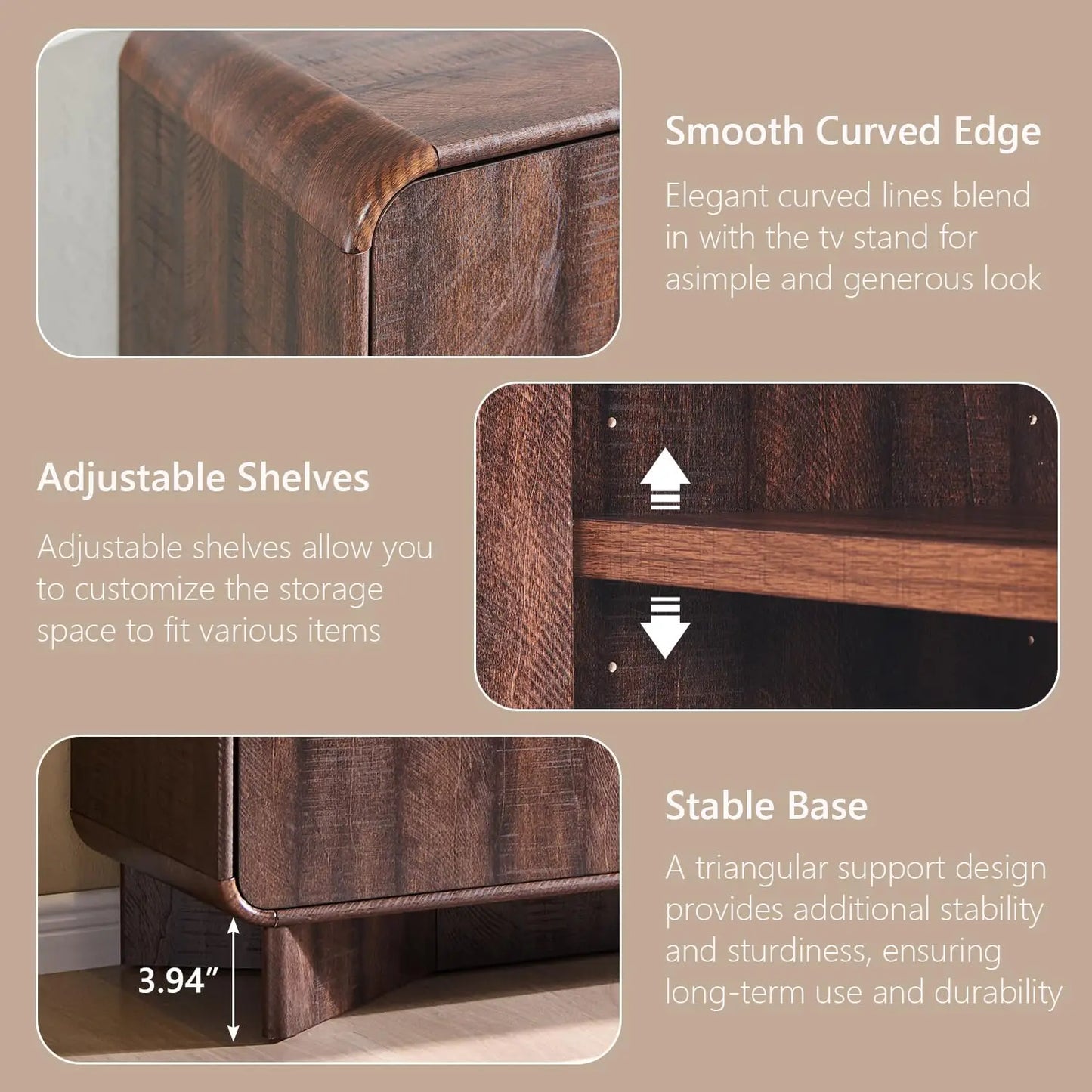 70" TV Stand Up to 80" TV, Storage & Adjustable Shelves Curved Console Living Room Brown, Custom