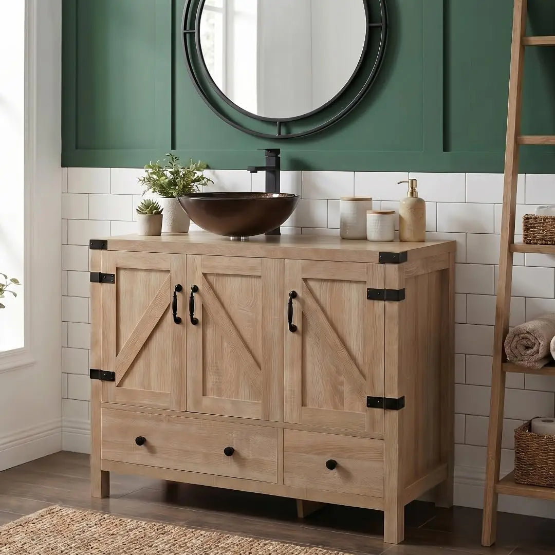 36" Natural Color Bathroom Vanity, Rustic Fixture Standing Pedestal Cabinet with White Ceramic Sink, Custom