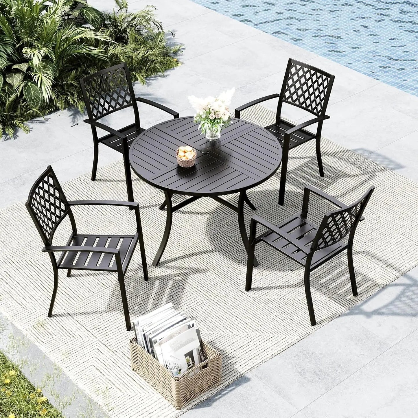 Round Outdoor Dining Set Wrought Iron 5 Piece Table & Chairs with Umbrella Hole for Deck Backyard Poolside Garden, Custom