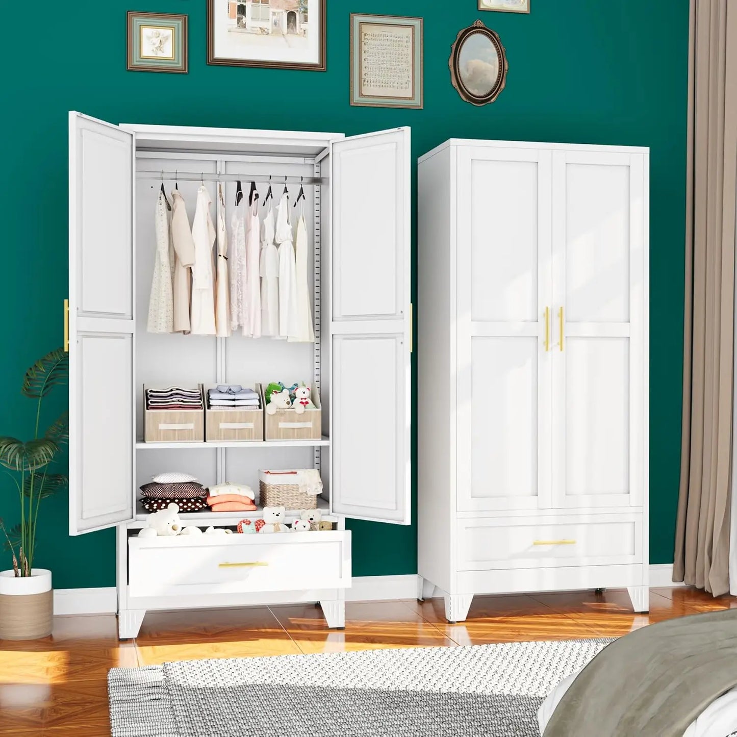 Metal Armoire Wardrobe Closet, 71 "Metal Clothing Storage Cabinet with Adjustable Shelves and Hanging Rod, Household, Custom